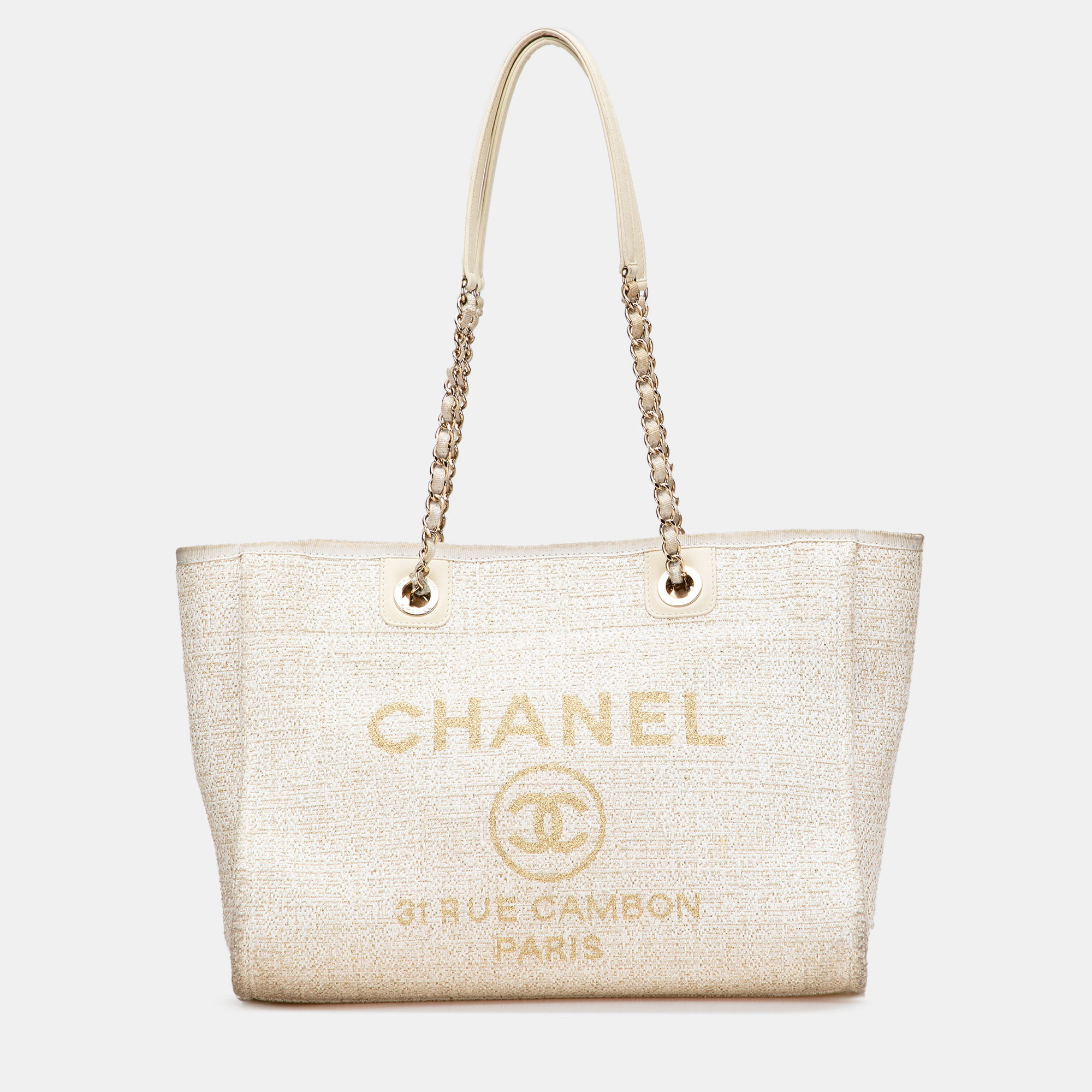 

Chanel Cream Small Lurex Boucle Deauville Tote