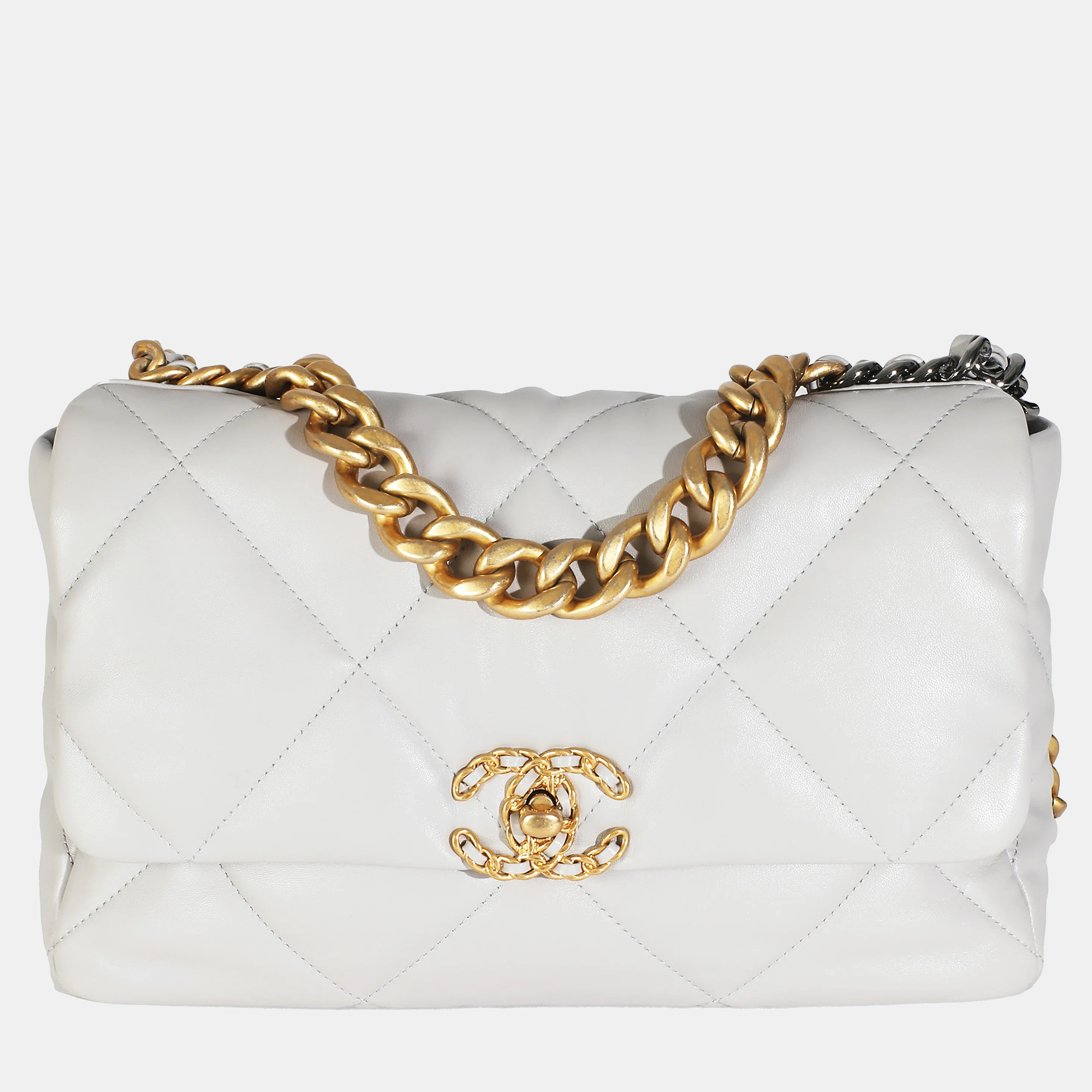 

Chanel Light Grey Quilted Lambskin Large Chanel 19 Flap Bag, White