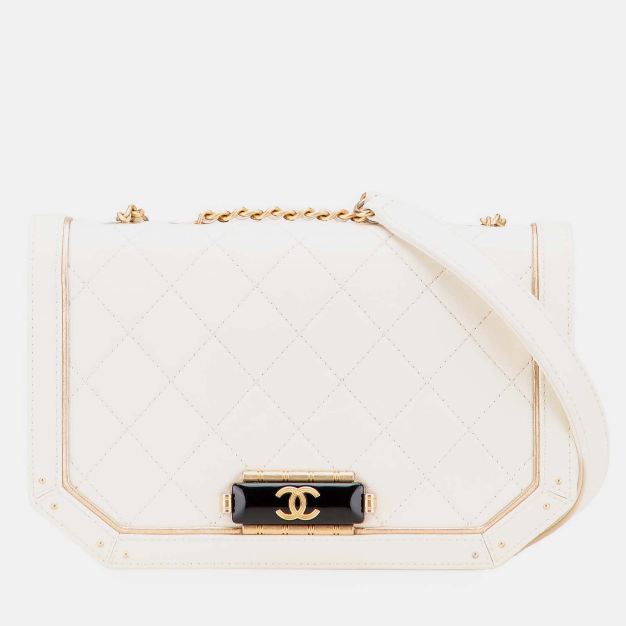 

Chanel White Small Quilted Calfskin Octagon CC Clasp Flap