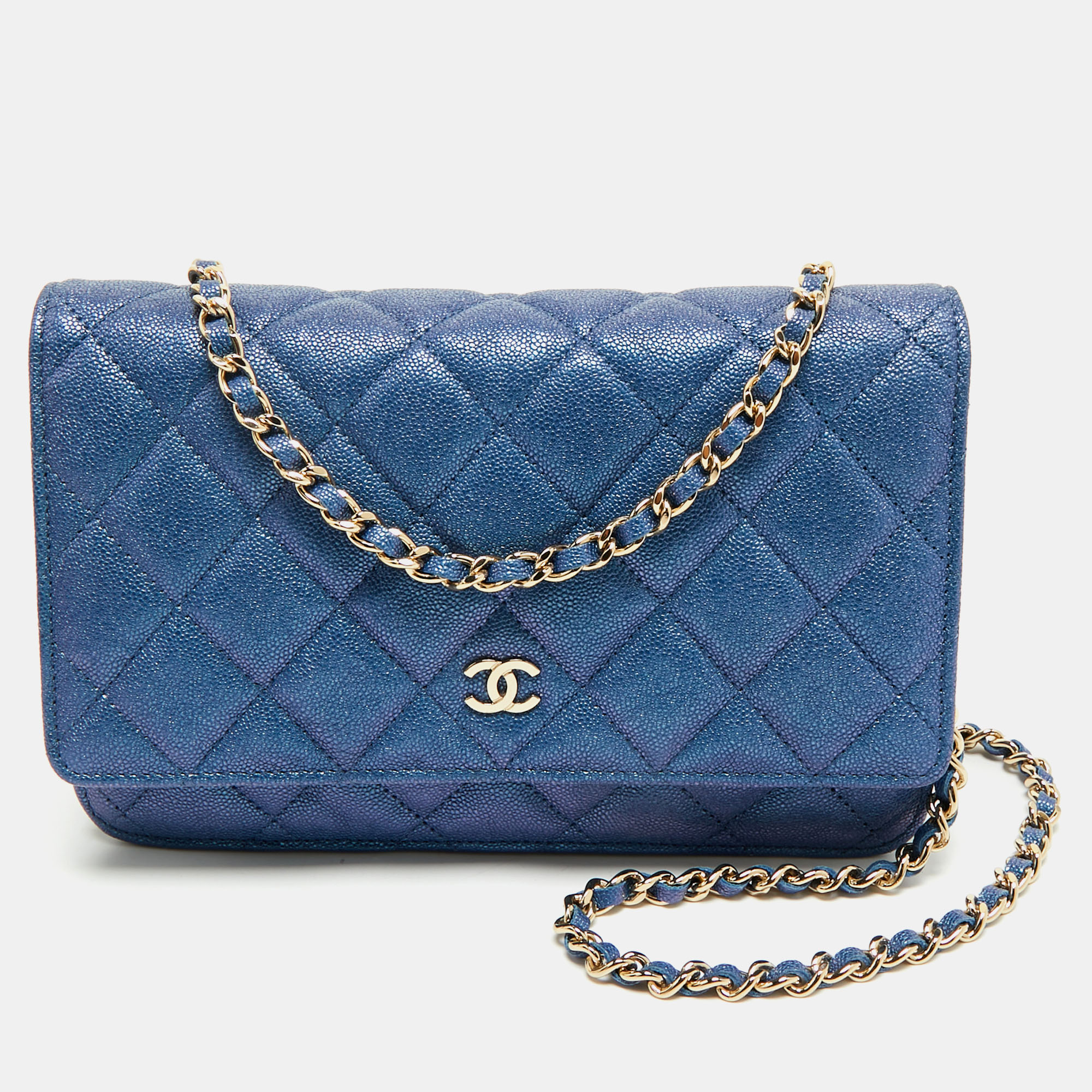 

Chanel Metallic Blue Quilted Caviar Leather CC Wallet On Chain