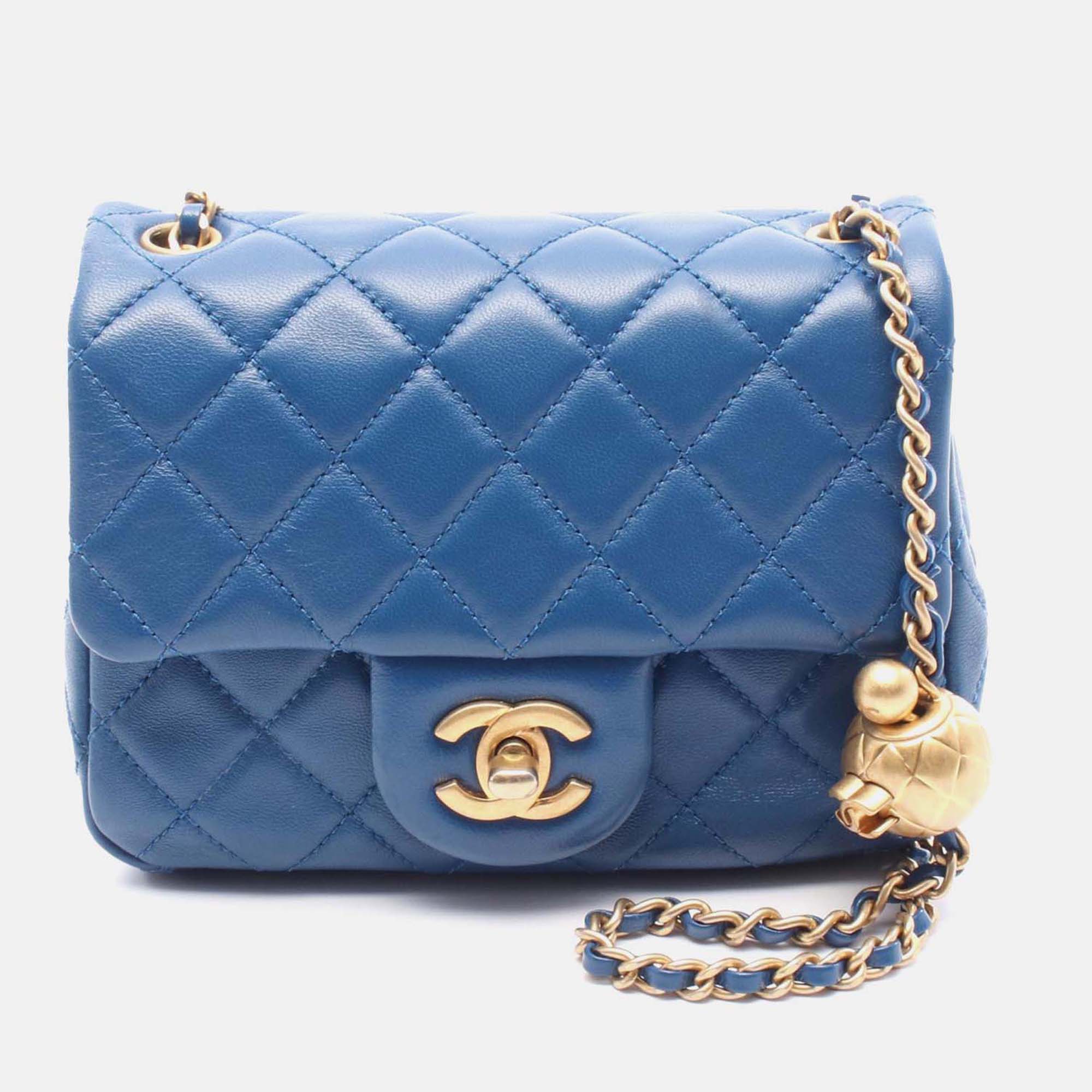 

Chanel Blue Mini Square Classic Lambskin Pearl Crush Single Flap
