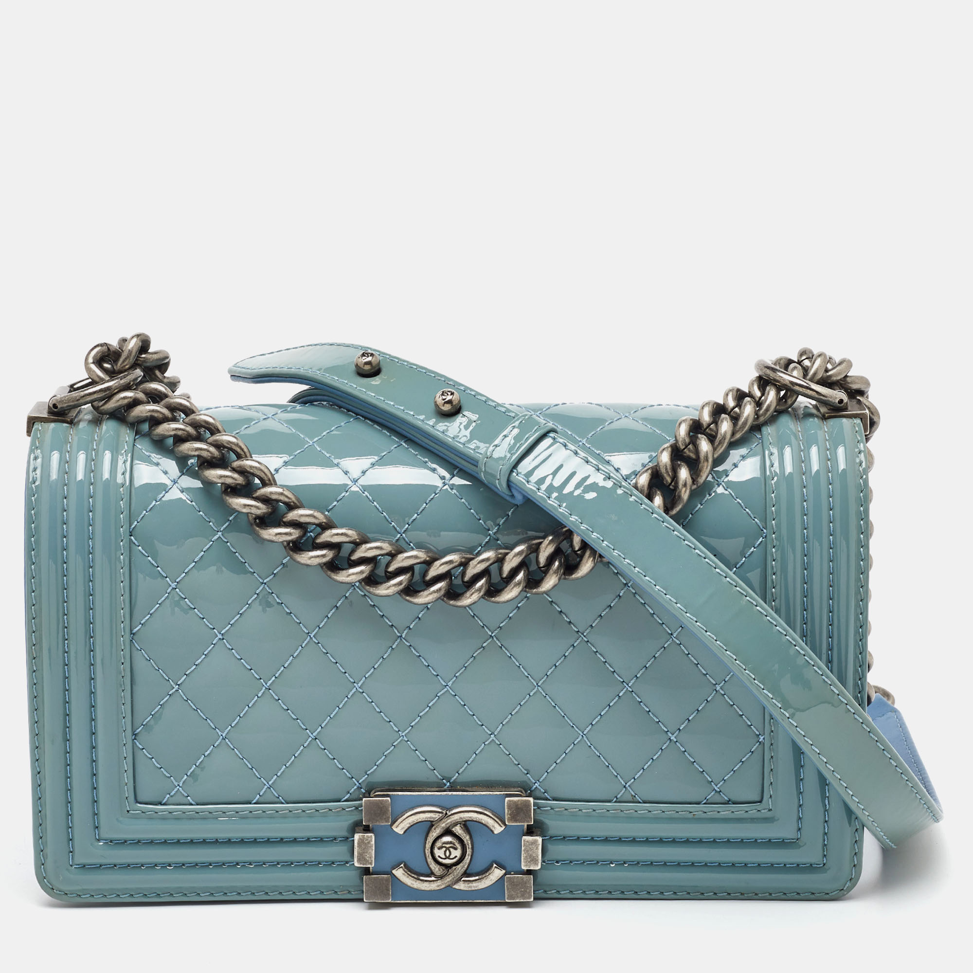 

Chanel Light Blue Patent and Leather  Classic Boy Flap Bag