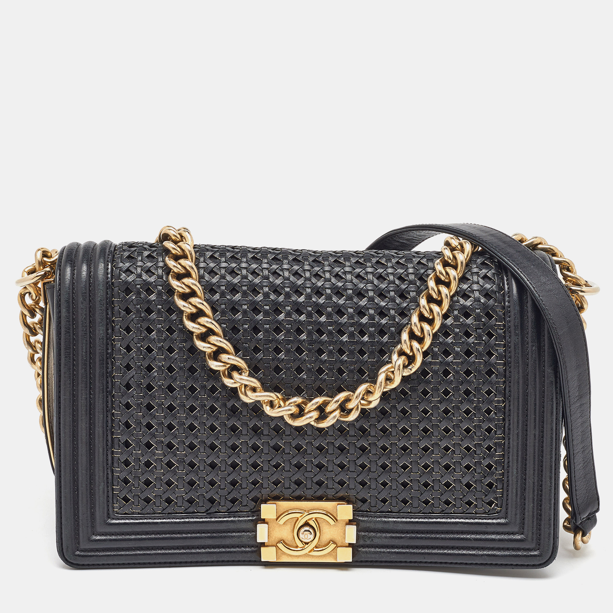 

Chanel Black Woven Leather New  Classic Reverso Boy Flap Bag