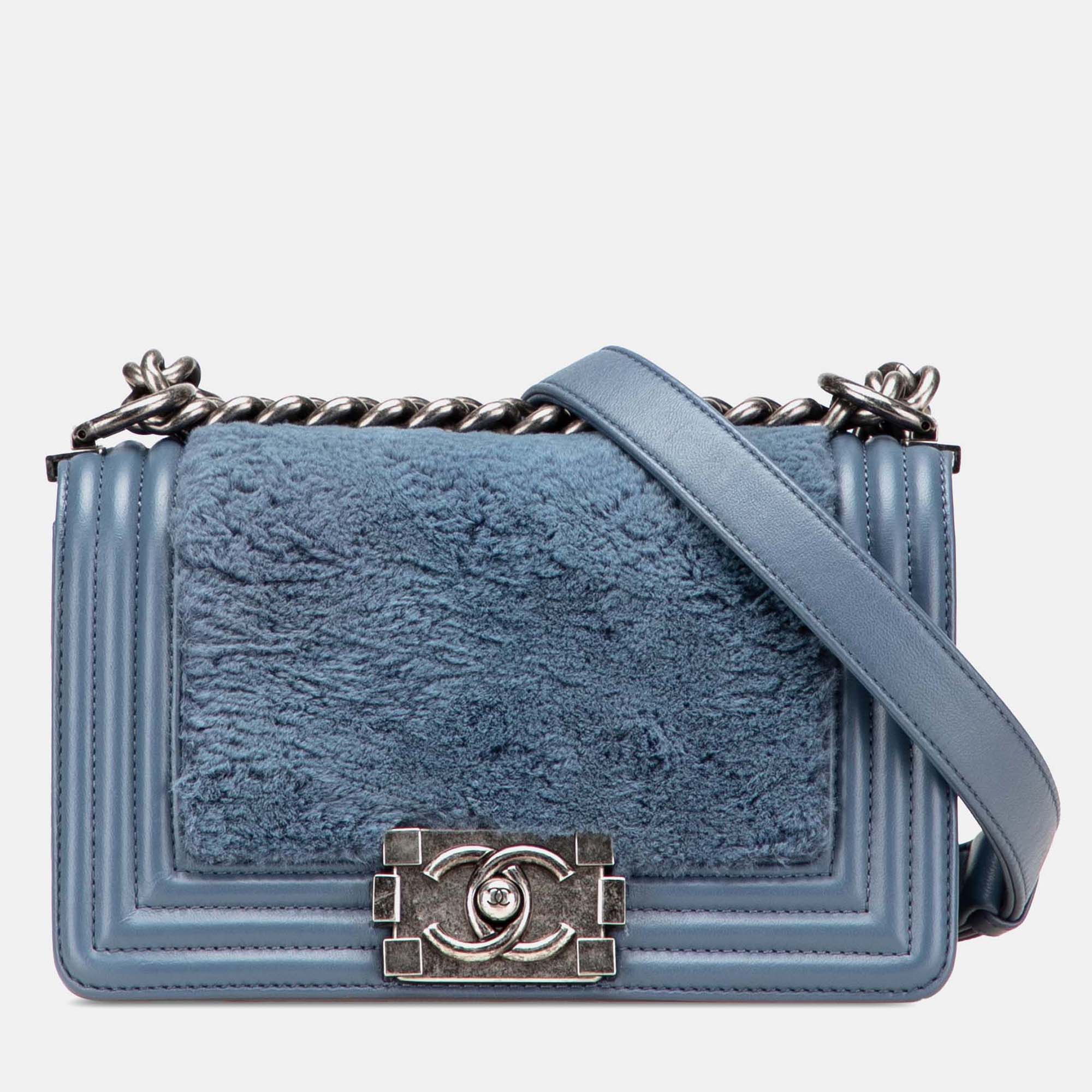 

Chanel Blue Small Leather and Fur Boy Flap