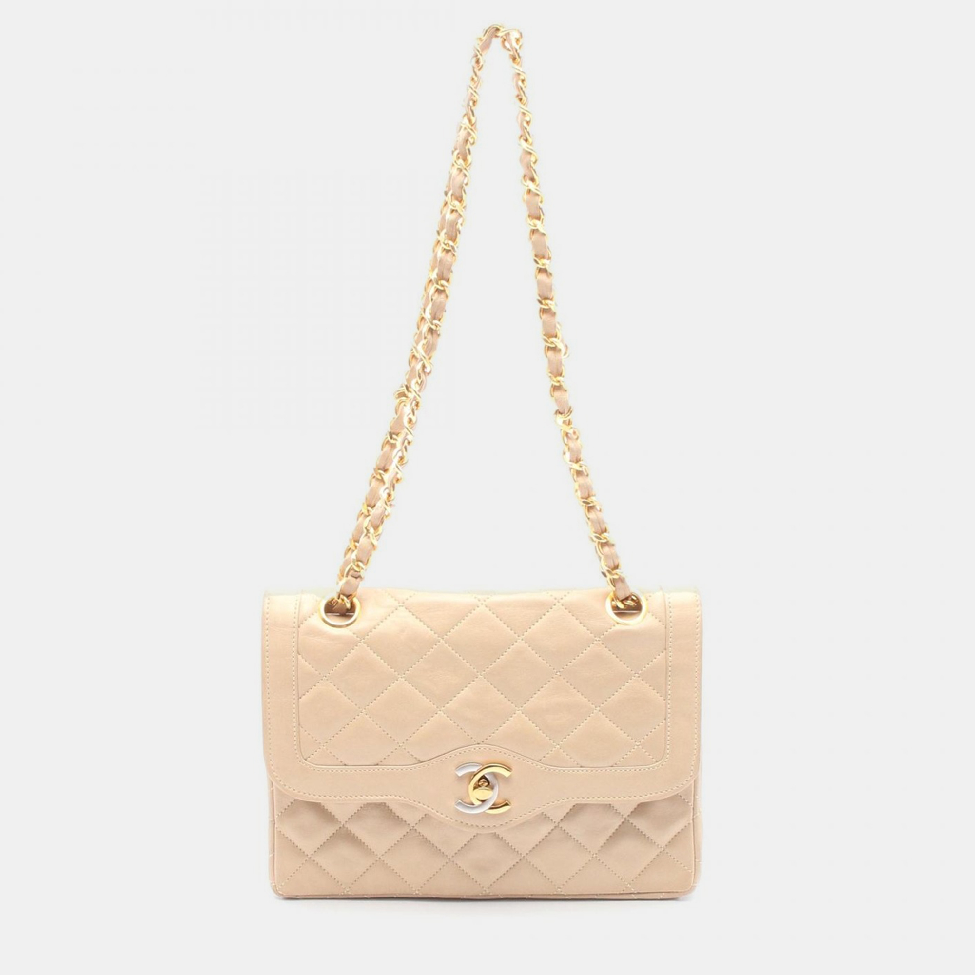 

Chanel Matelasse Paris Limited W Flap Chain Shoulder Bag Leather Beige Coco Cc