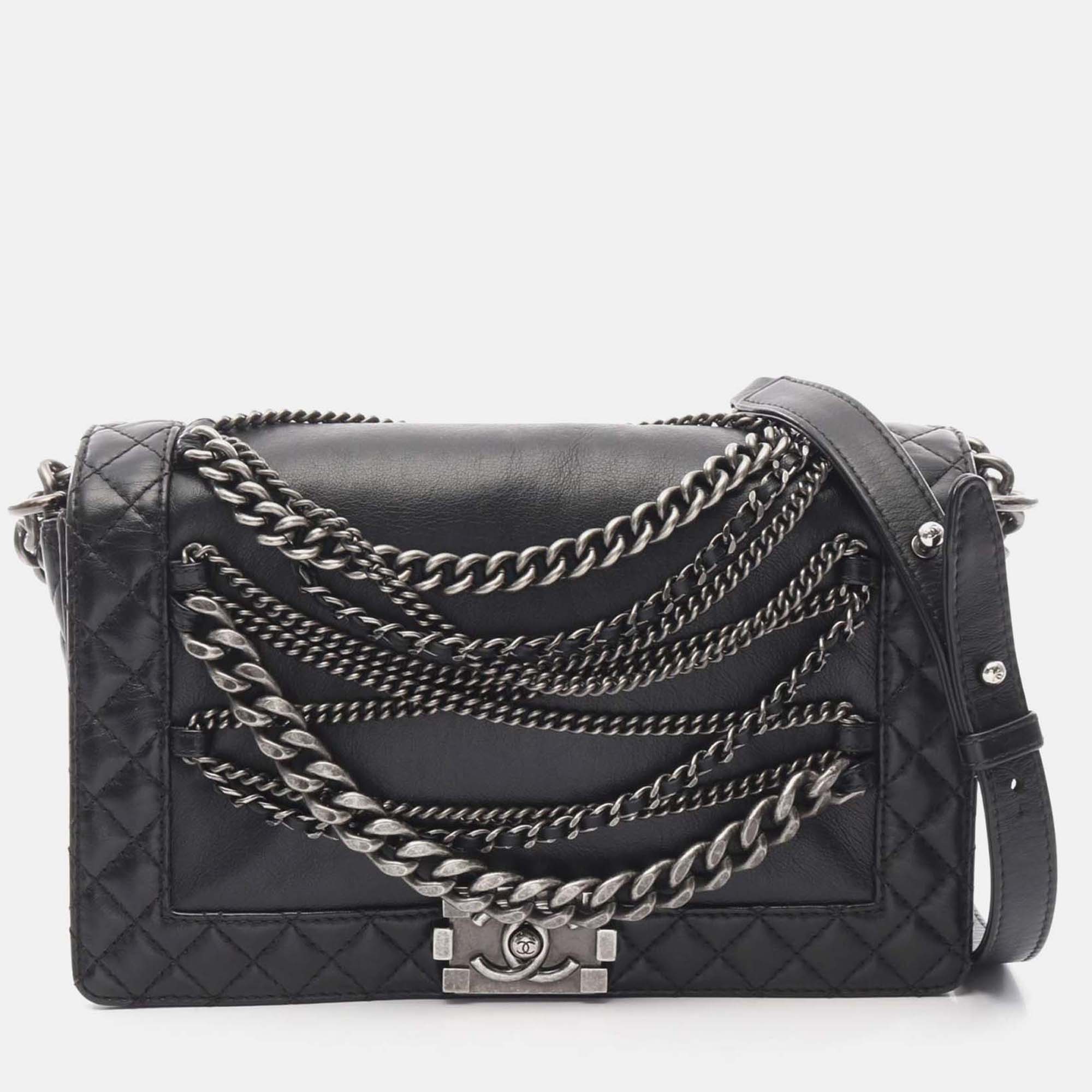 

Chanel Boy Enchained Medium Black Calfskin Flap Bag