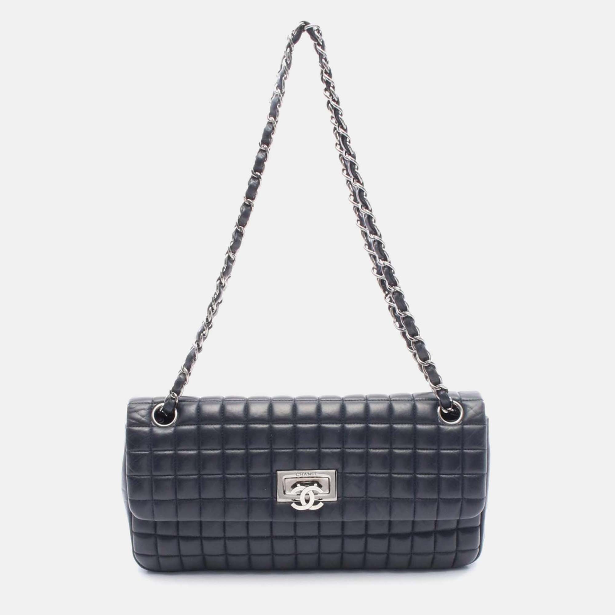 

Chanel Chocolate Bar Chain Shoulder Bag Leather Navy Shw Cc Coco, Navy blue