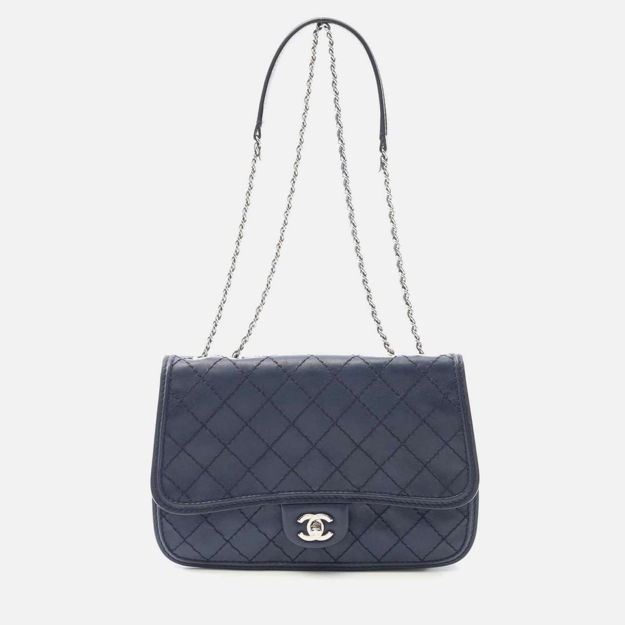 

Chanel Wild Stitch Chain Shoulder Bag Leather Navy Shw Cc Coco, Navy blue