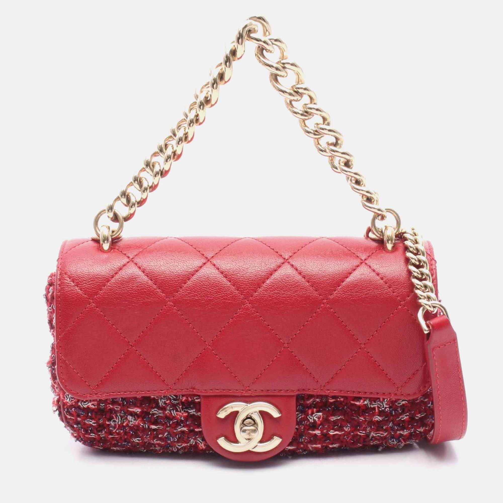 

Chanel Chain Handle CC Quilted Lambskin and Tweed Small Flap Bag, Red