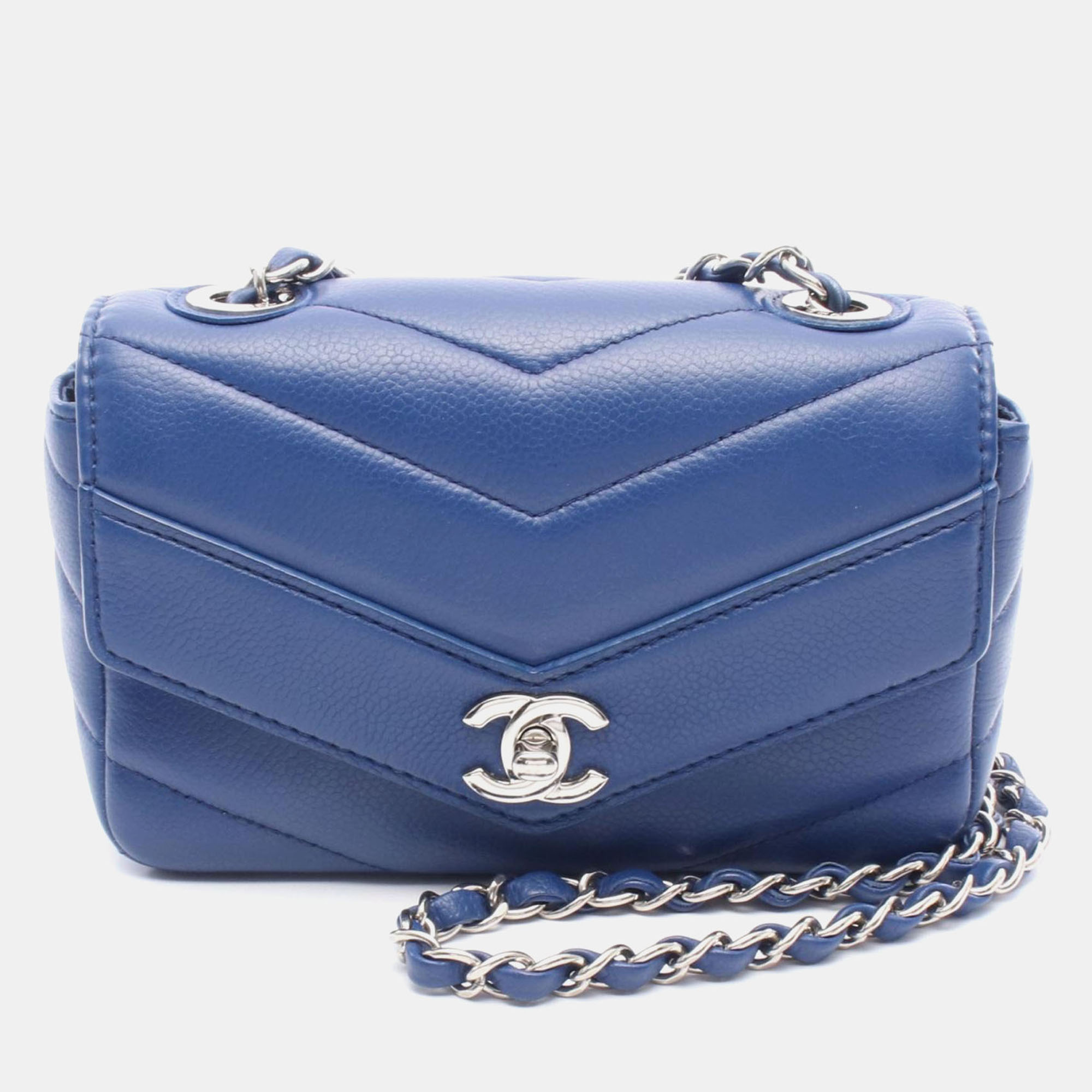 

Chanel Chevron V Stitch Chain Shoulder Bag Leather Blue Shw Cc