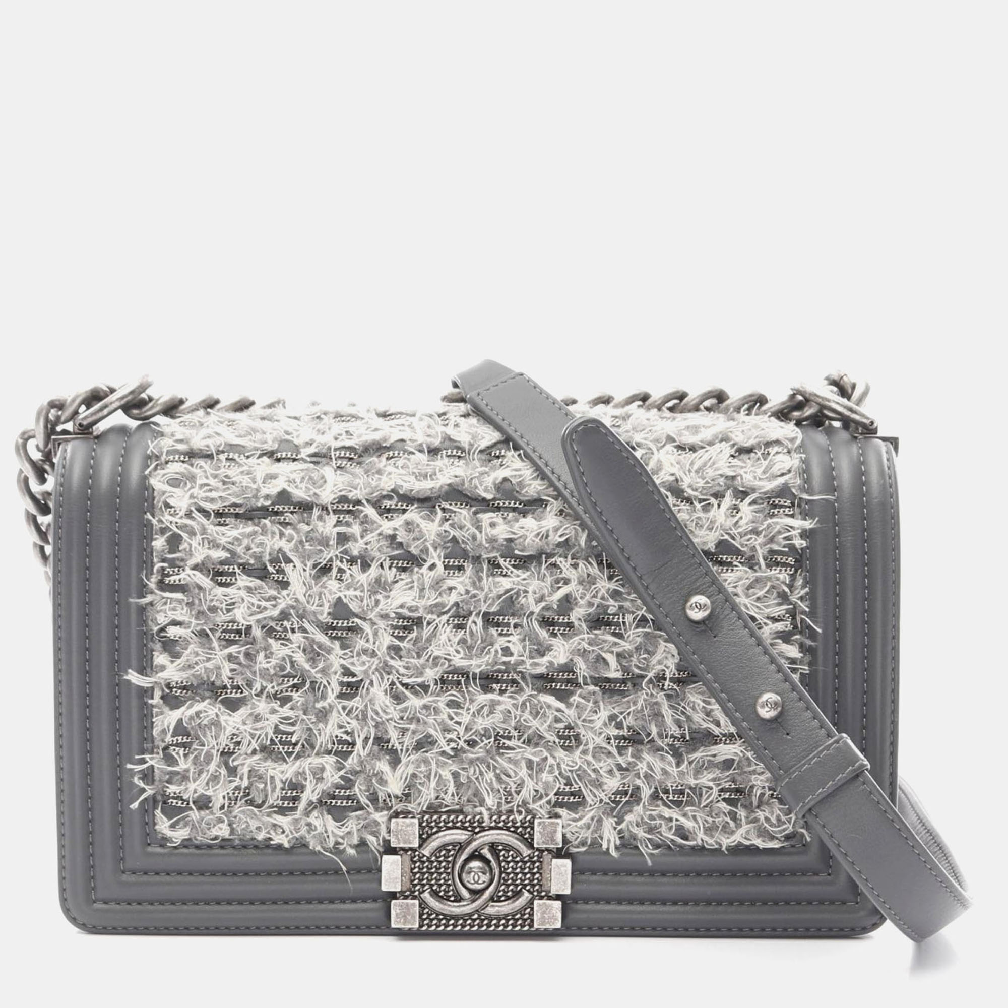 

Chanel Boy Gray Fabric Leather Chain Shoulder Bag, Grey