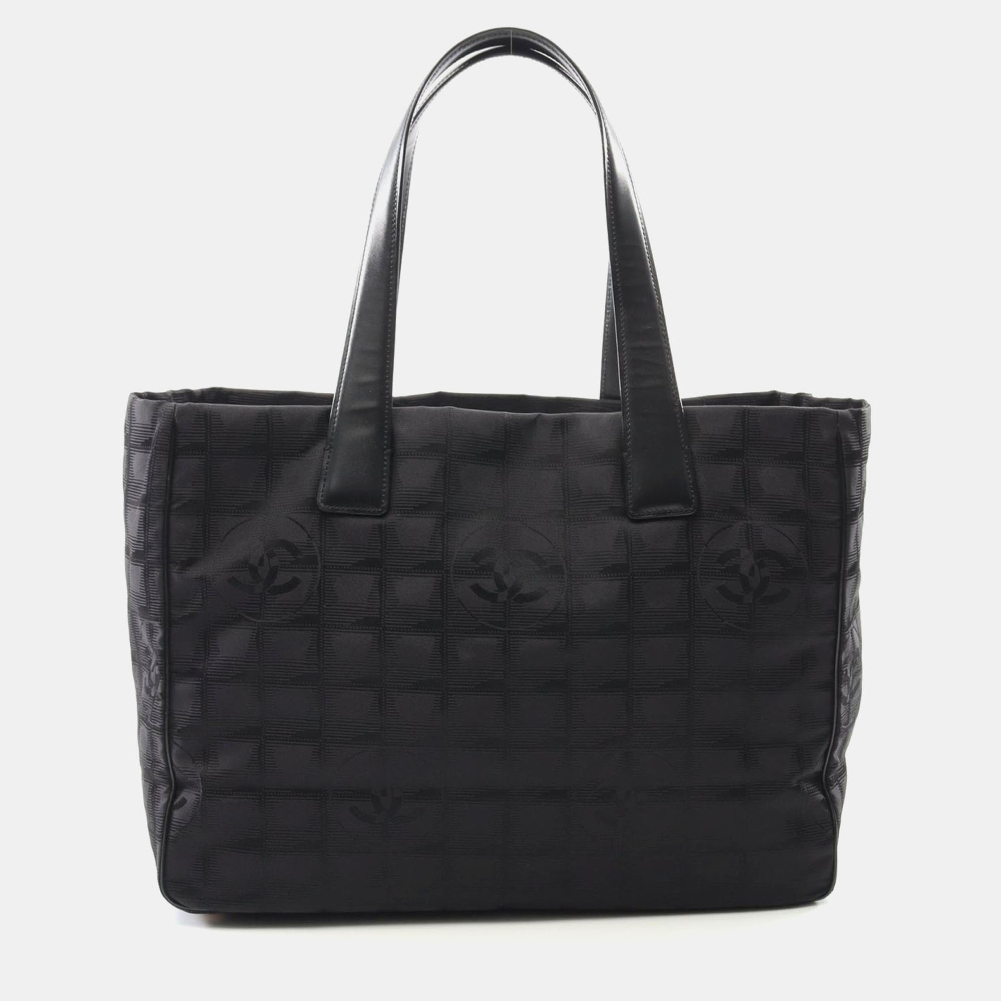 Pre-owned Chanel New Travel Line Mm Tote Bag Leather Nylon Canvas Black Ghw
