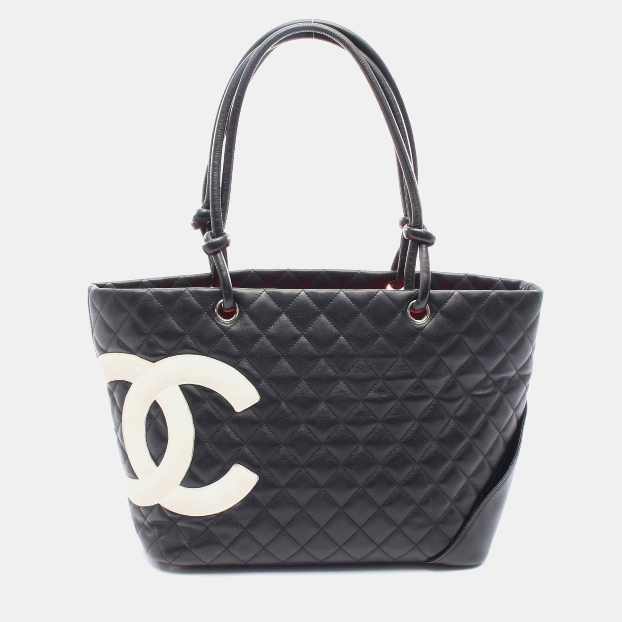 Pre-owned Chanel Cambon Line Large Shoulder Tote Bag Lambskin Black White Shw