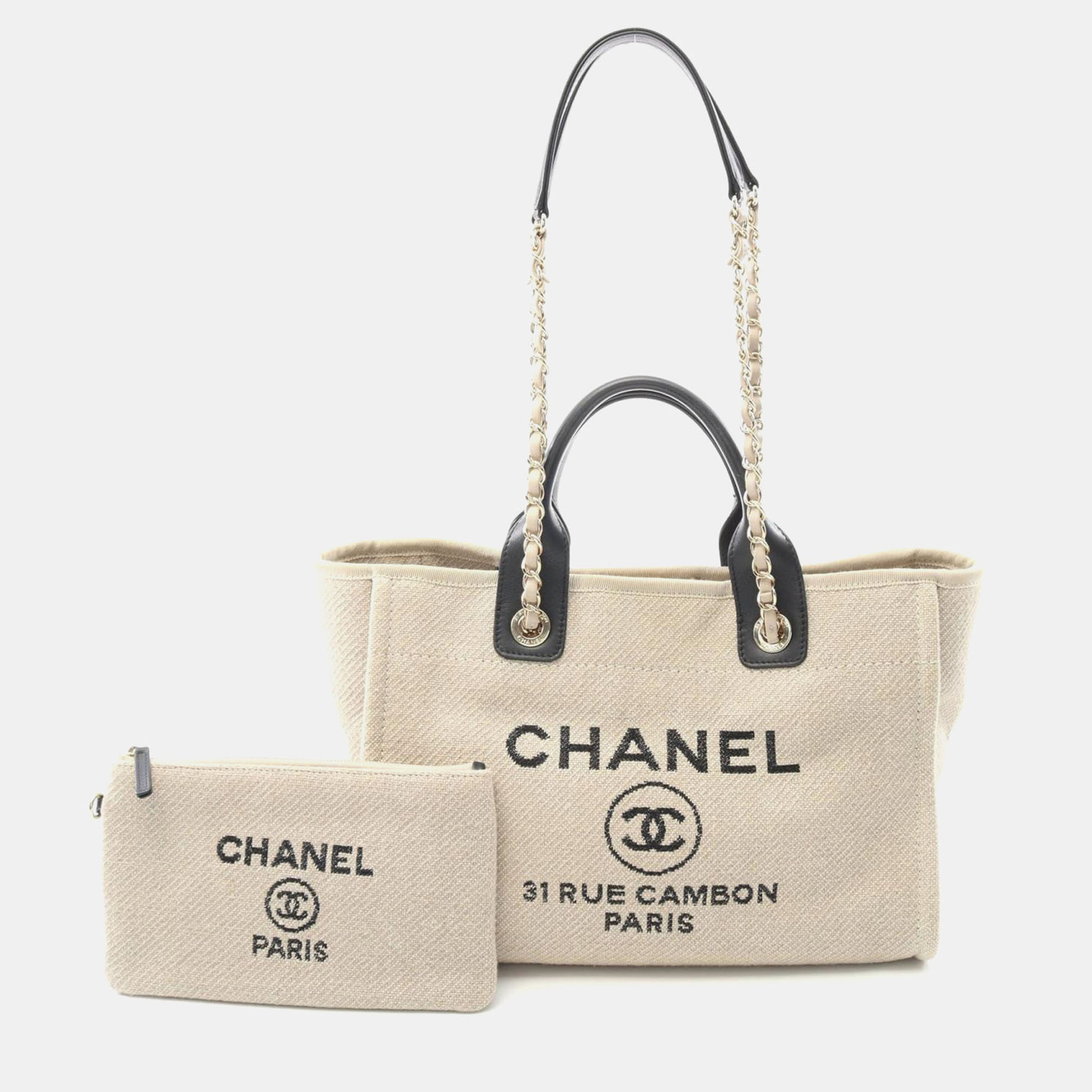 

Chanel Deauville Small Shoulder Tote Bag Canvas Leather Beige Black Ghw