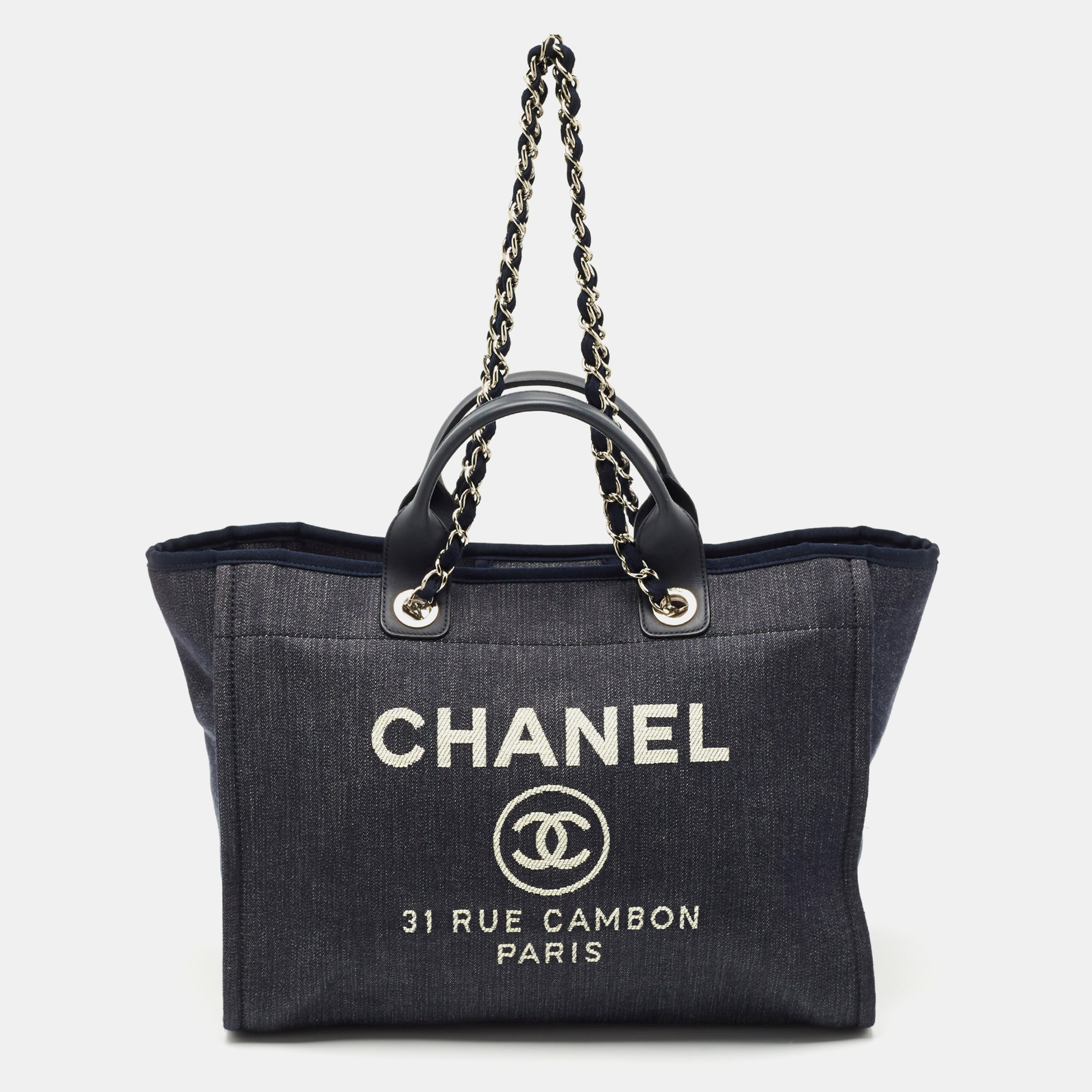 Pre-owned Chanel Navy Blue Denim Large Deauville Shopper Tote