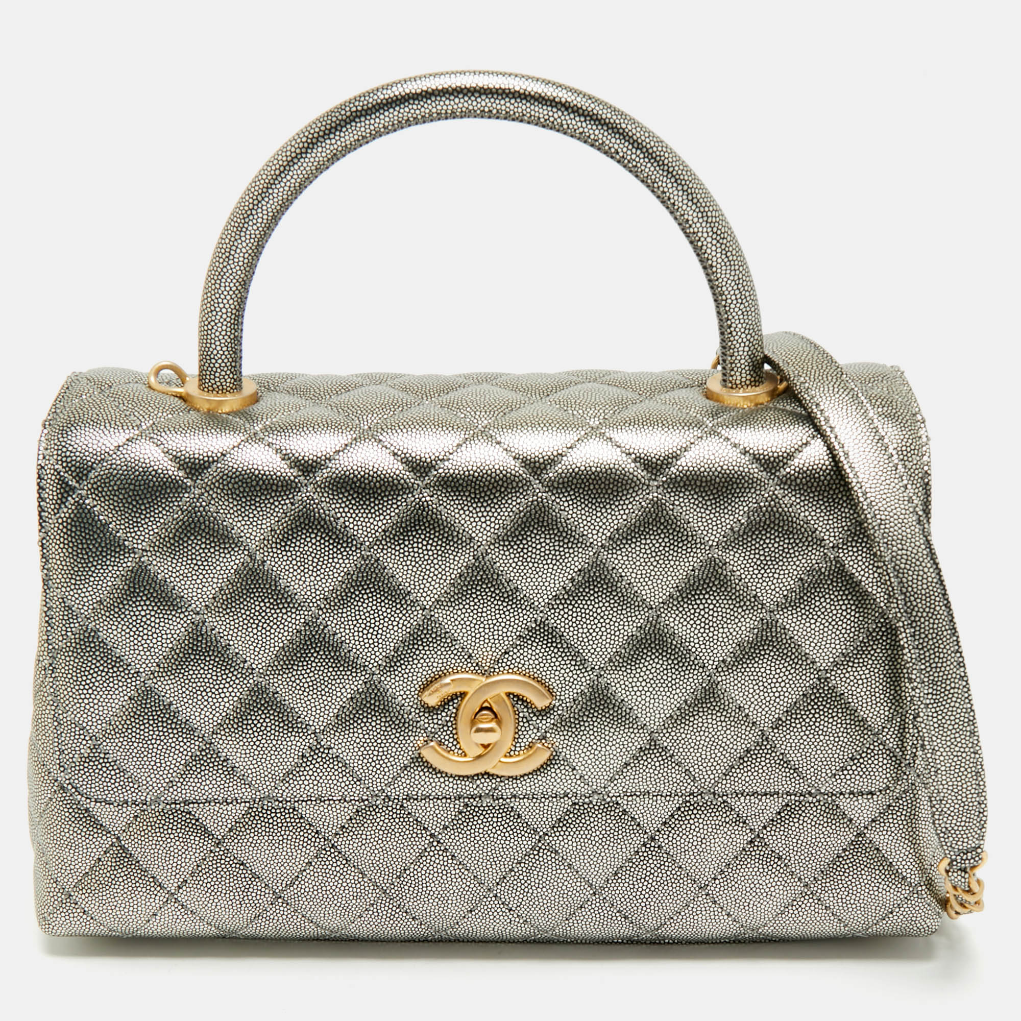 

Chanel Silver Quilted Caviar Leather Small Coco Top Handle Bag