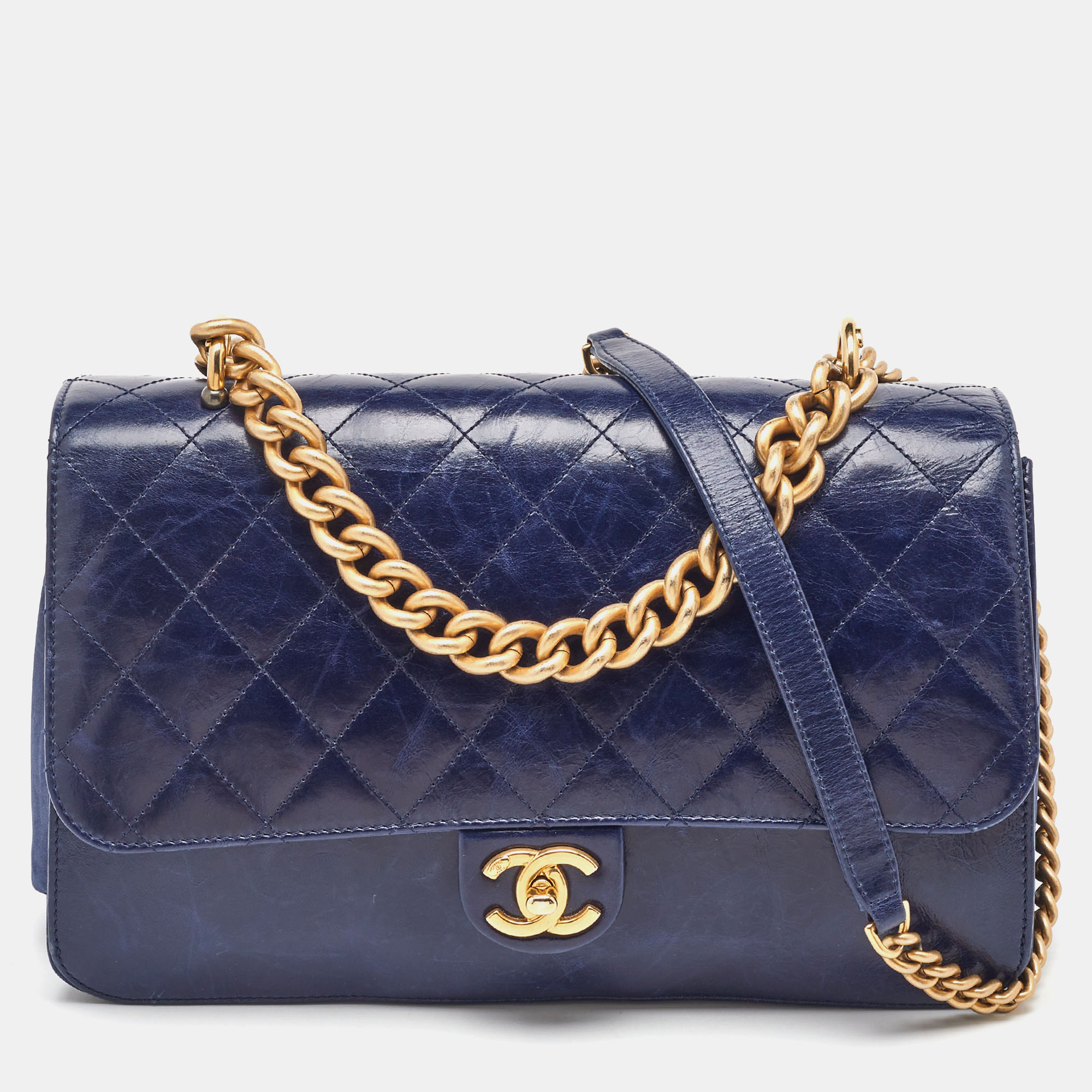 

Chanel Navy Blue Quilted Leather Paris-Cosmopolite Straight Lined Flap Bag