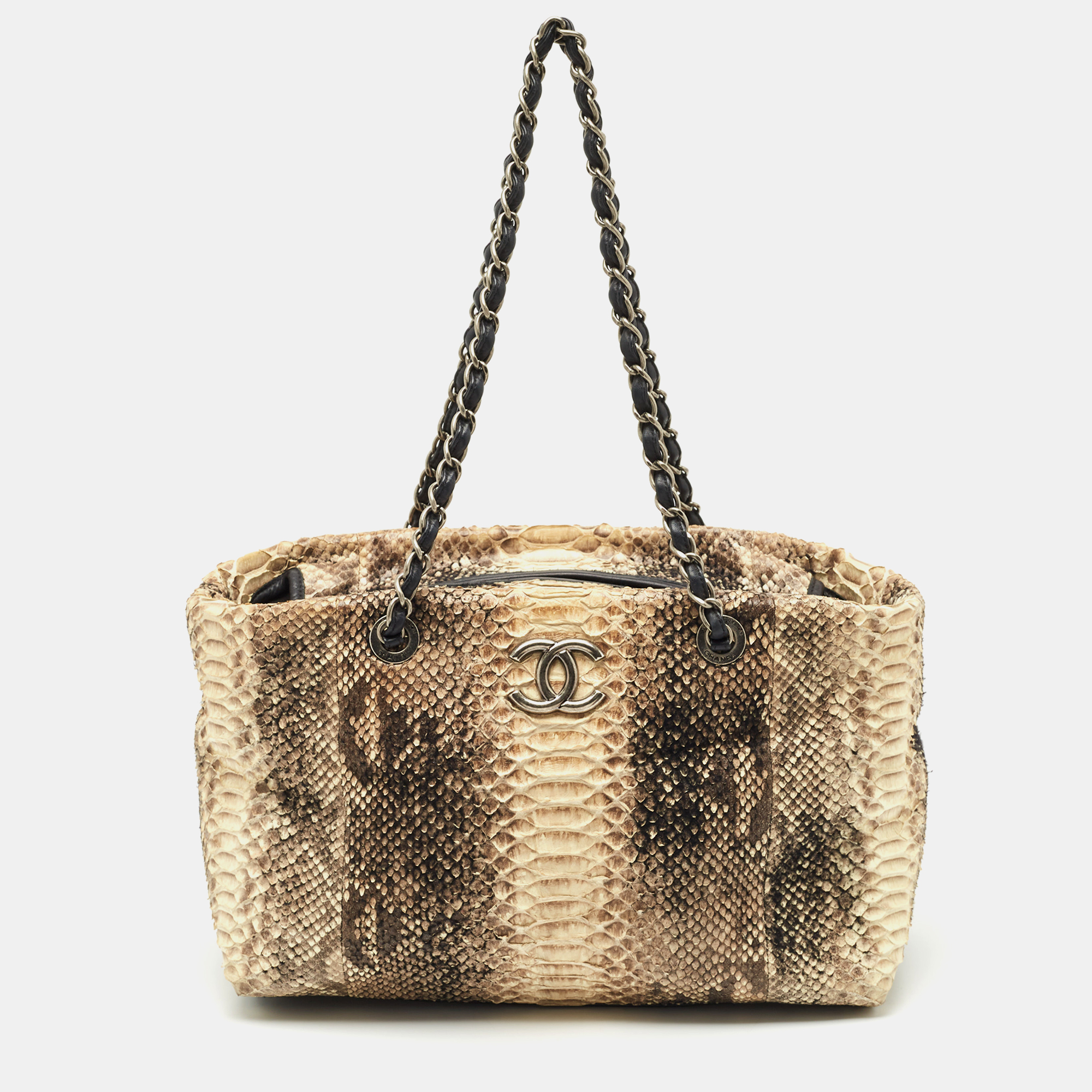 Pre-owned Chanel Cream/beige Python Chain Zip Tote In White
