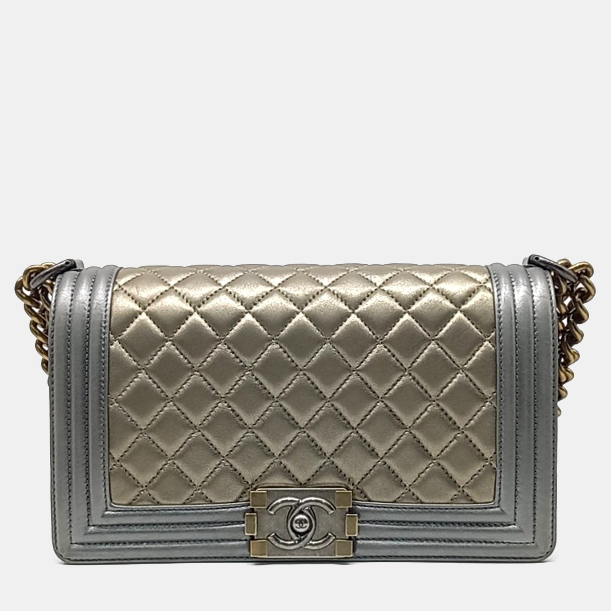 

Chanel Gold Silver Leather Medium Boy Bag