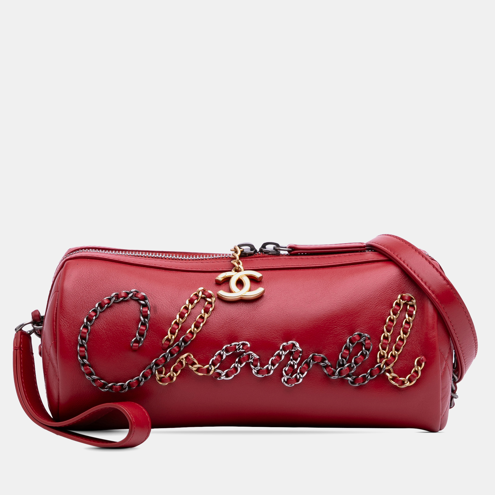 

Chanel Red Calfskin Signature Chain 20s Bowling Bag