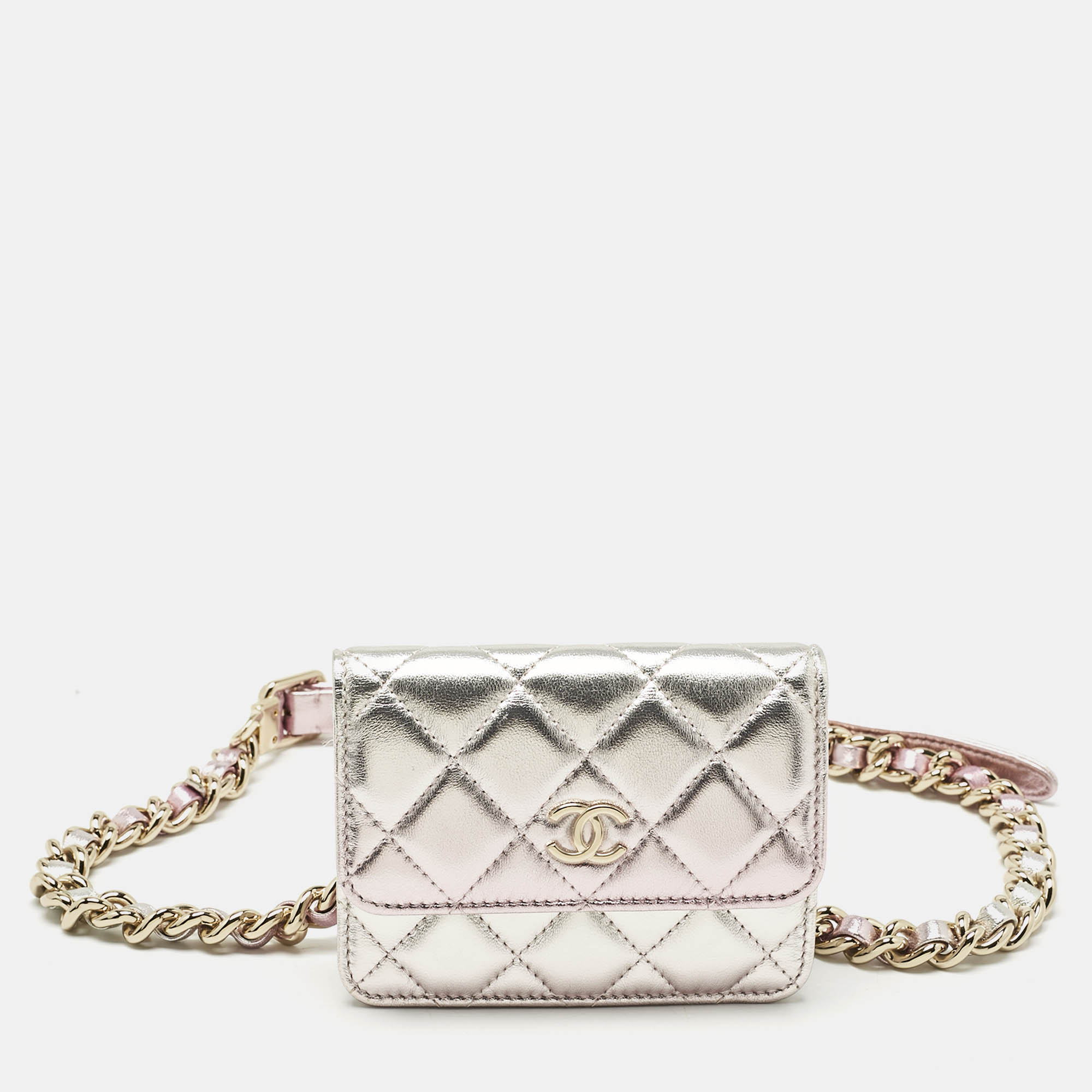 

Chanel Metallic Pink Quilted Leather CC Flap Chain Belt Bag