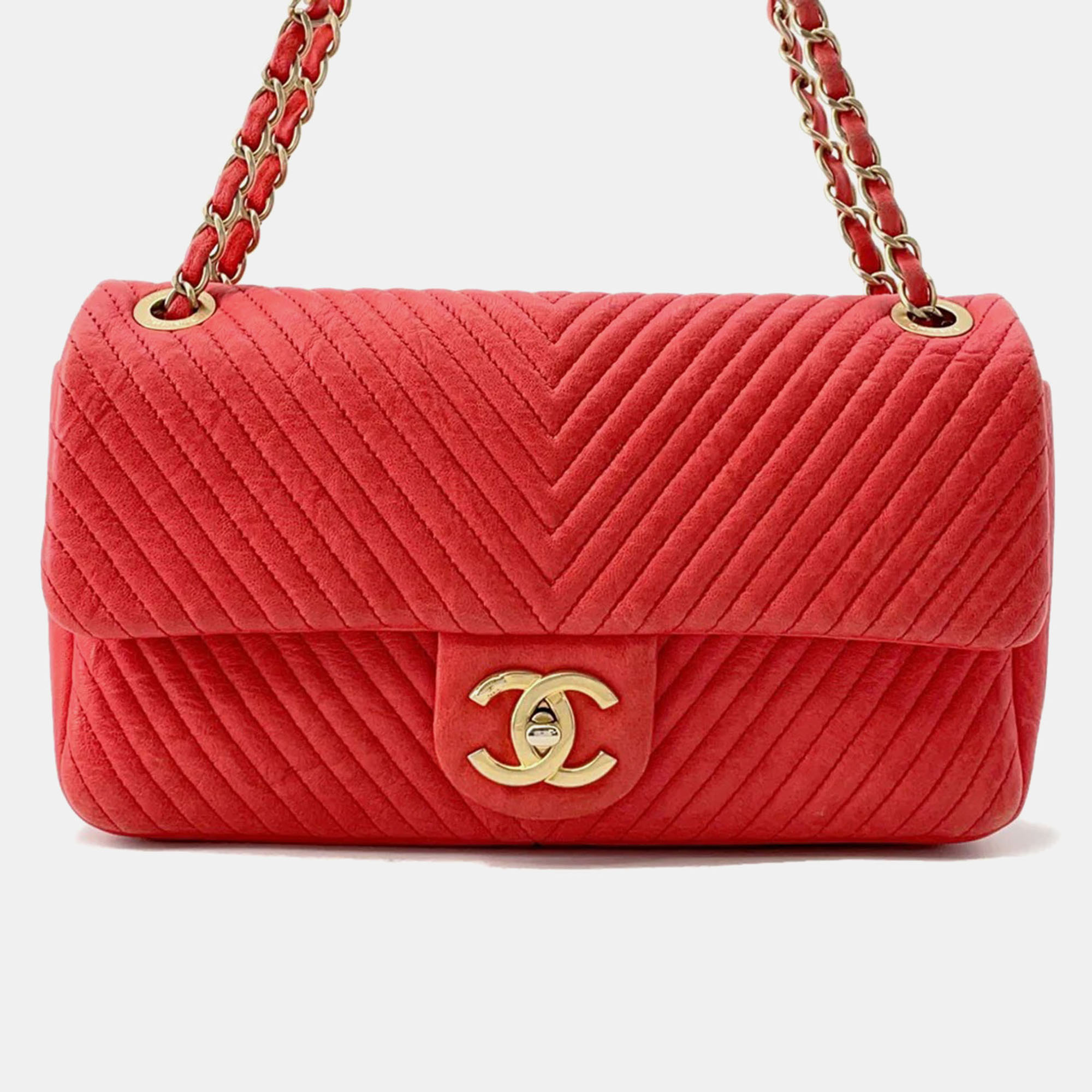 

Chanel Chevron Red Leather Chain Shoulder Bag