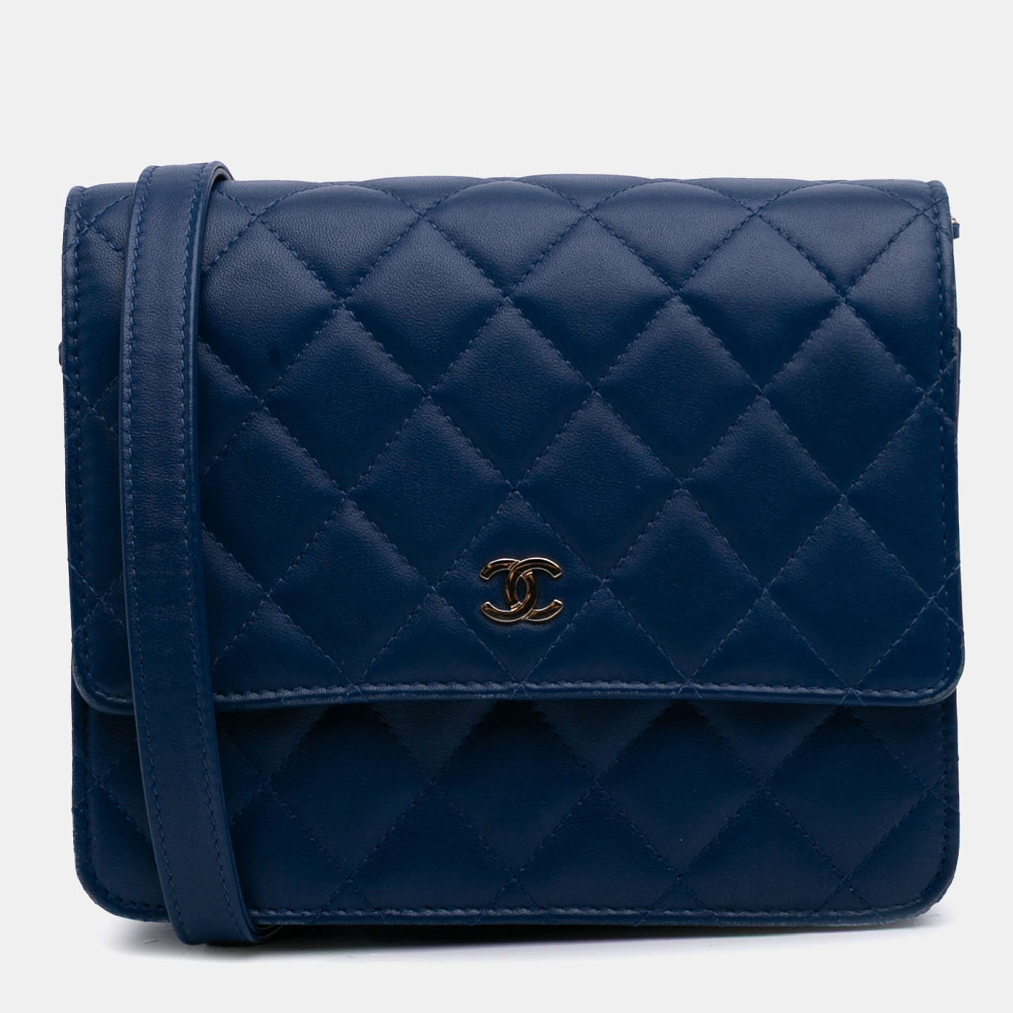 

Chanel Blue Quilted Lambskin Square Wallet on Chain