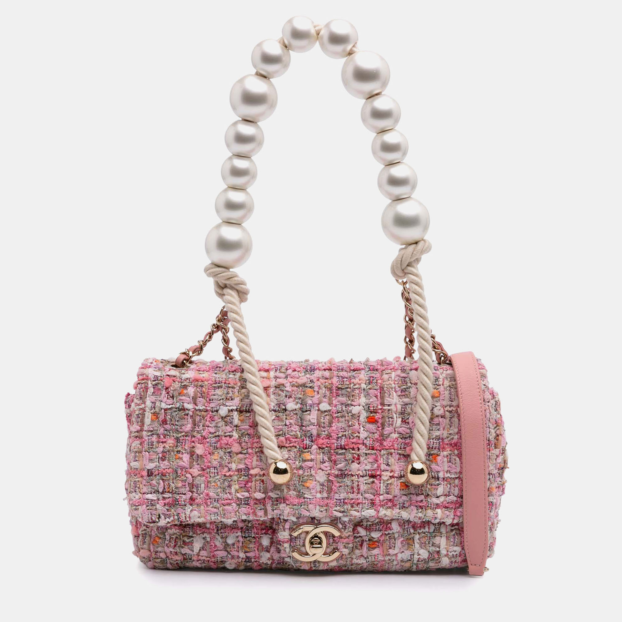 

Chanel Pink Mini Tweed Pearl Top Handle Flap