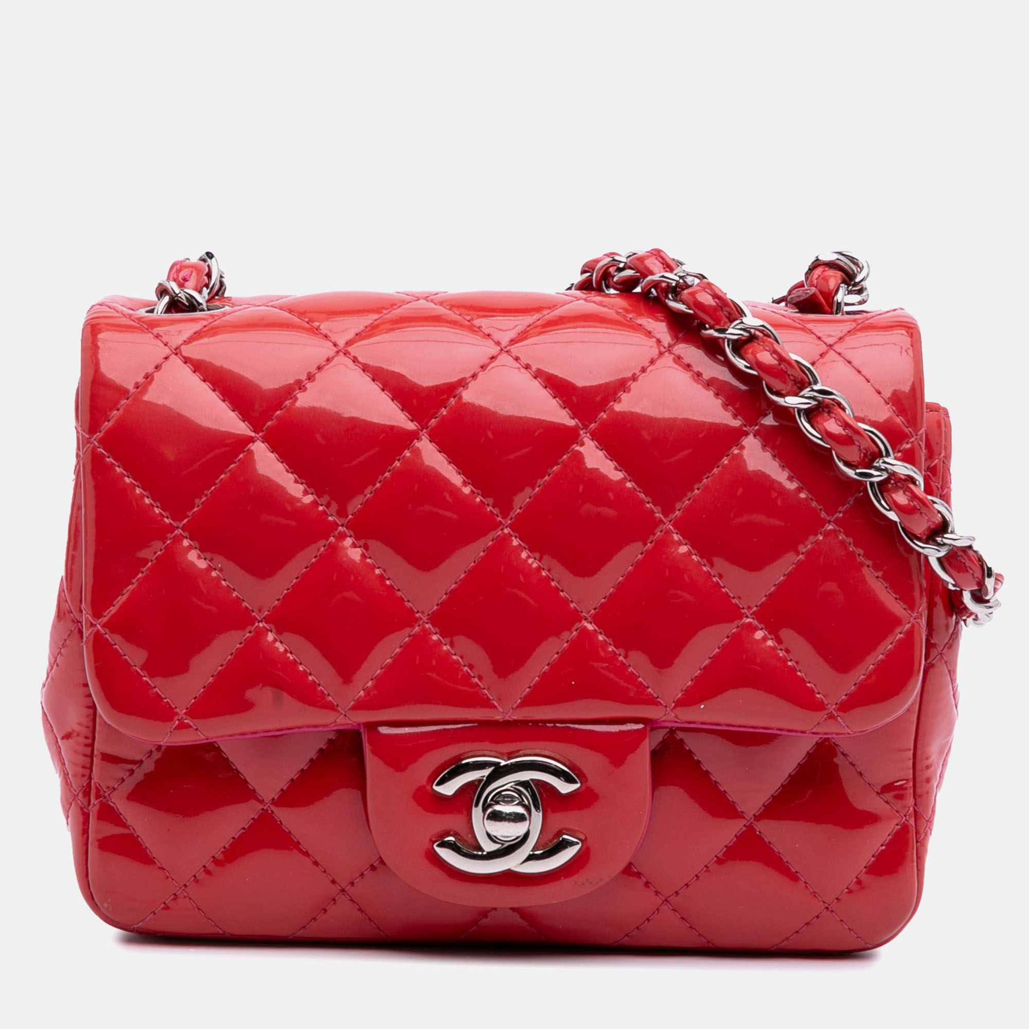 

Chanel Red Mini Square Classic Patent Single Flap