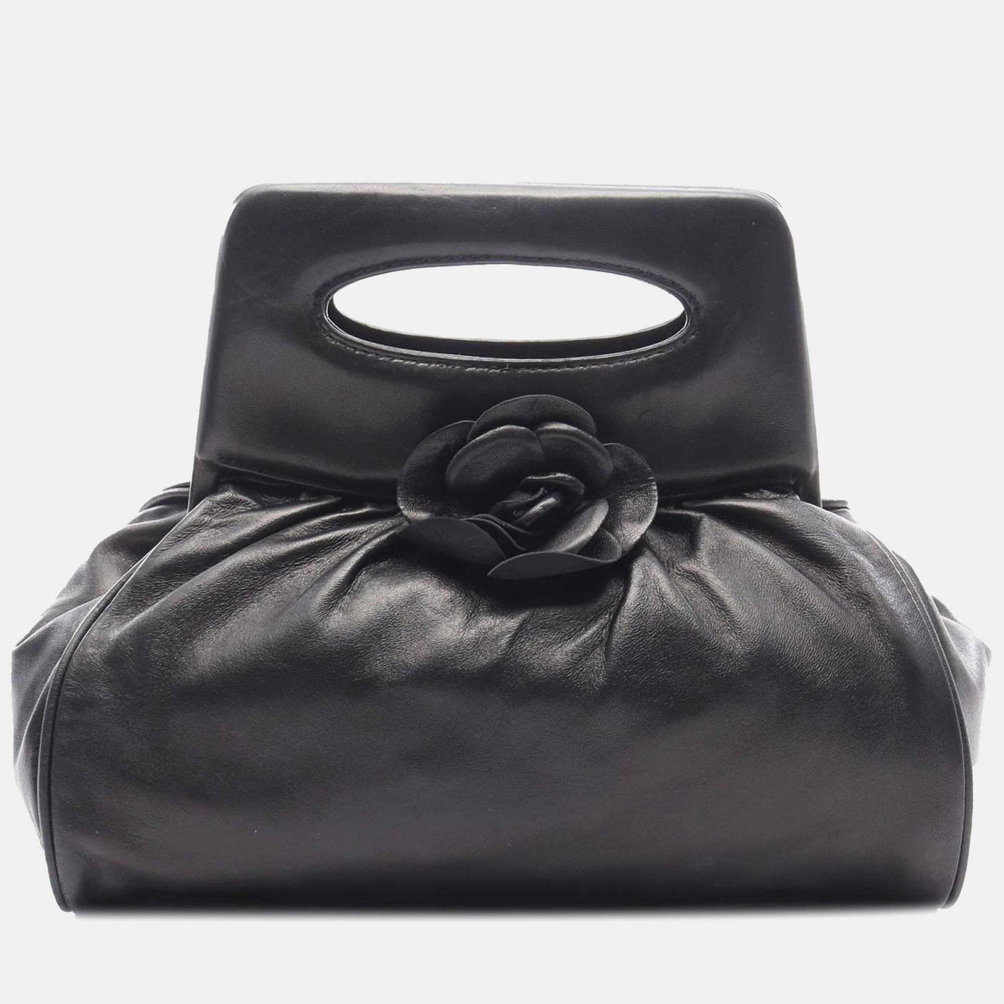 

Chanel Black Lambskin Camellia Top Handle Frame Bag