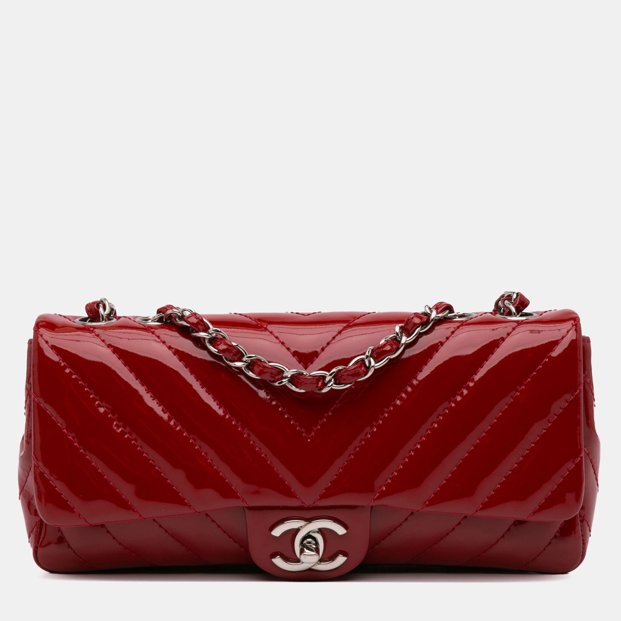 

Chanel Red Classic Chevron Patent East West Single Flap