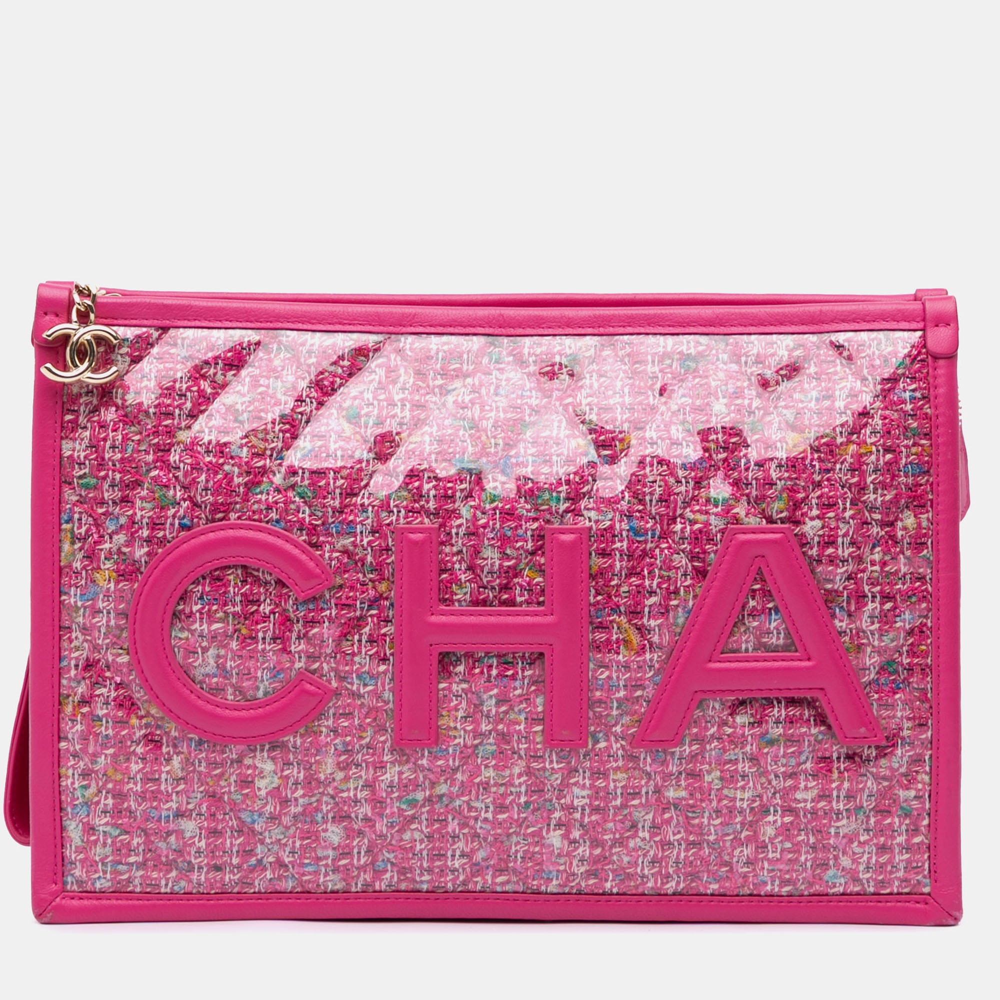 

Chanel Pink Large Tweed PVC Logo Wristlet Pouch