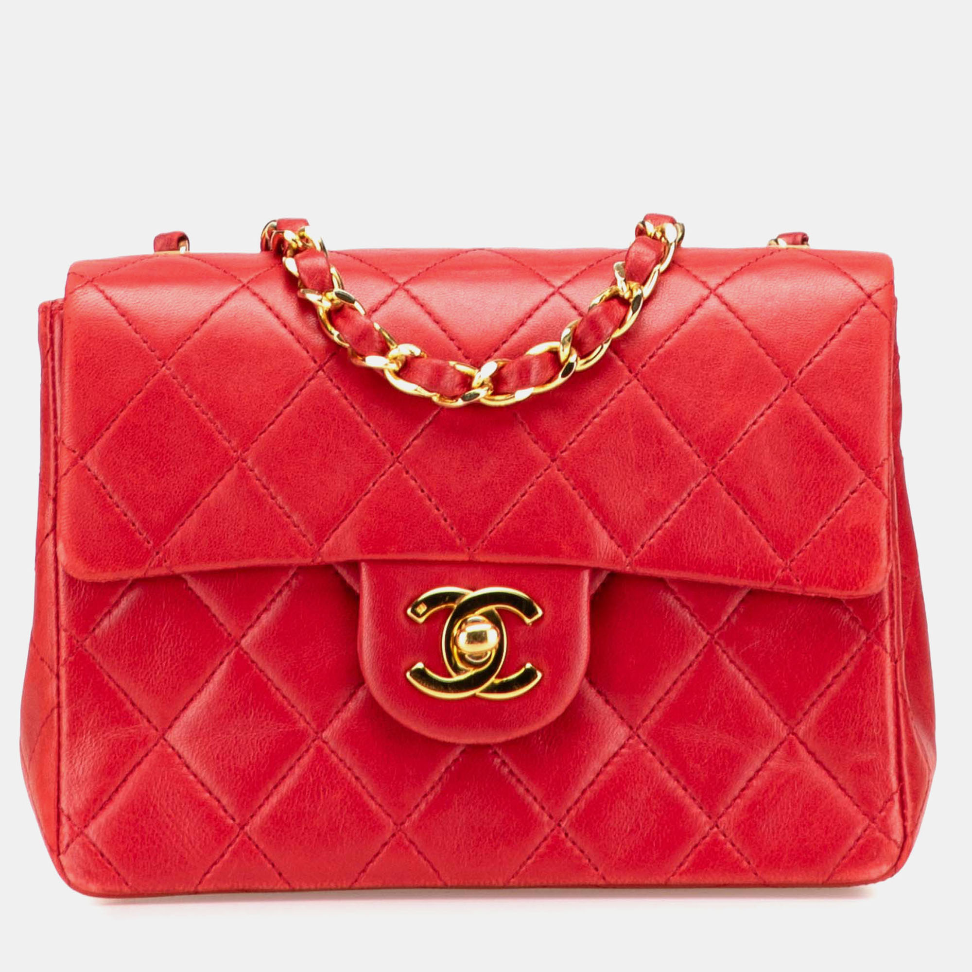 

Chanel Red Mini Square Classic Lambskin Single Flap