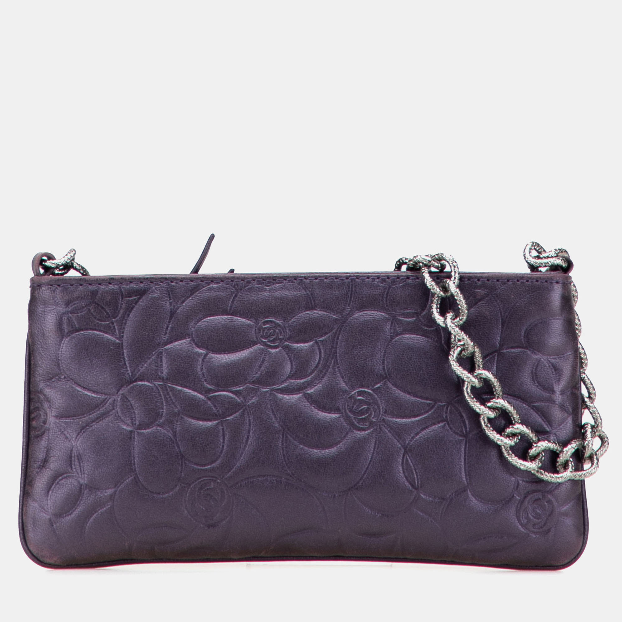 

Chanel Purple Embossed Lambskin Camellia Chain Pochette