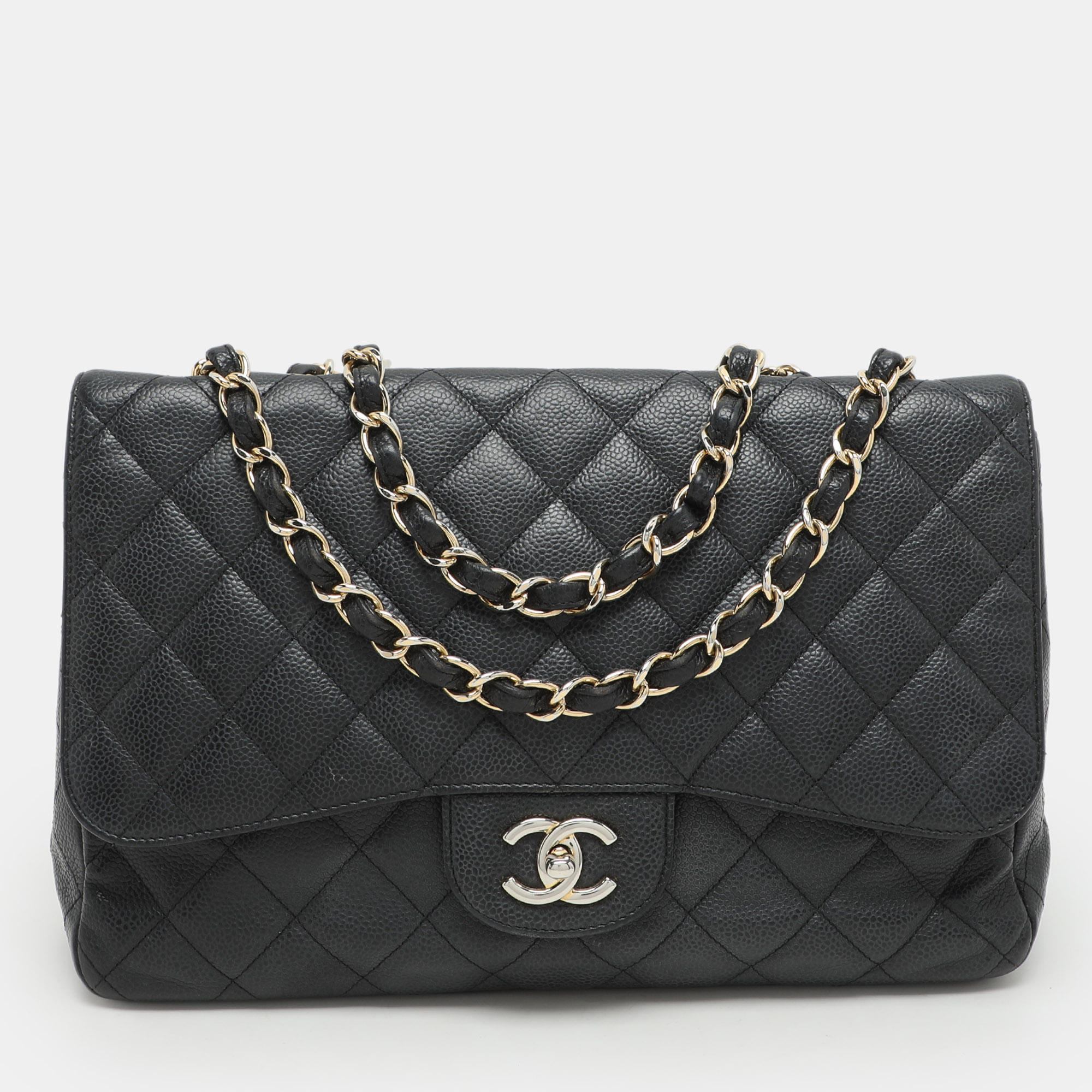 

Chanel Black Quilted Caviar Leather Jumbo Classic Single Flap Bag