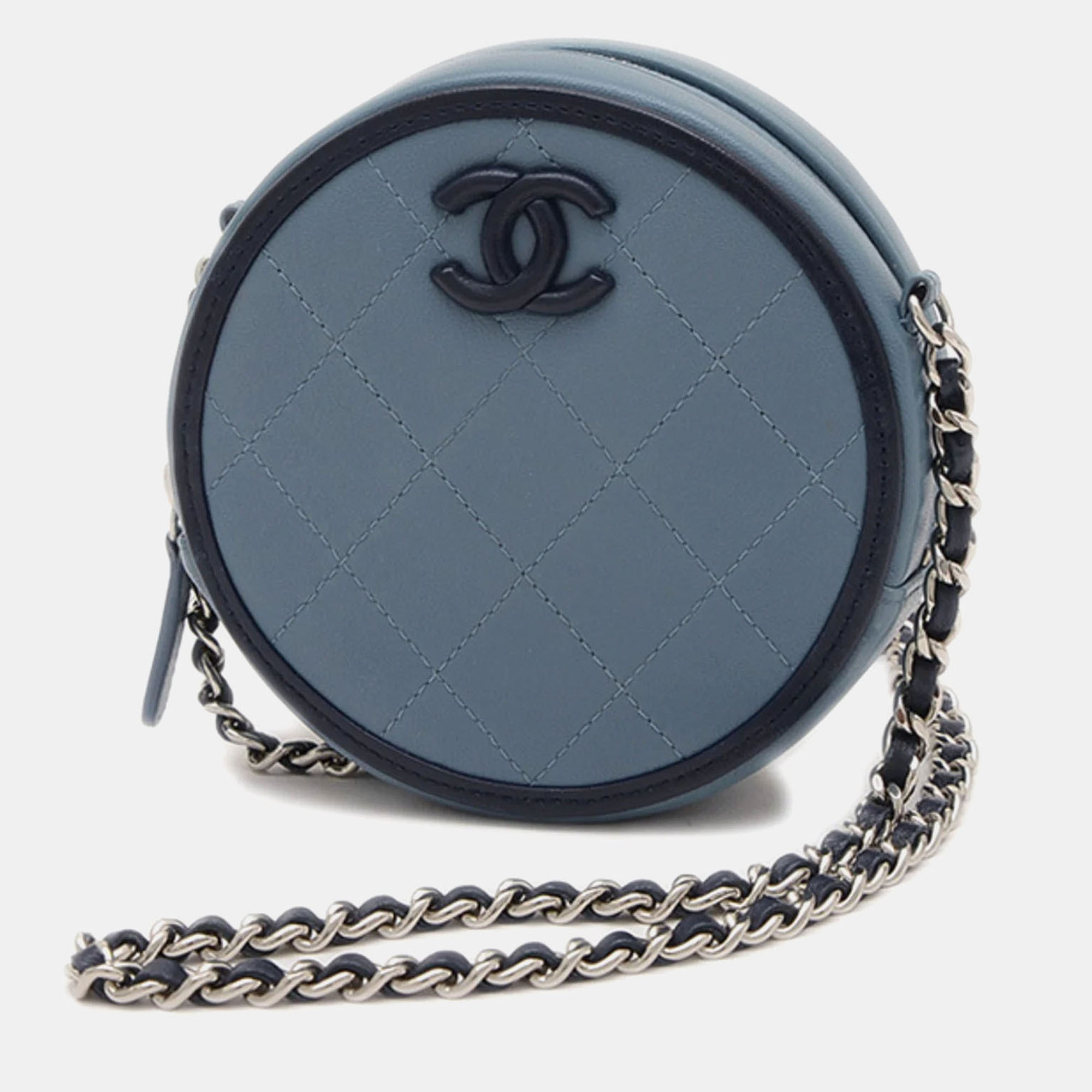 Pre-owned Chanel Coco Mark Round Chain Pouch Shoulder Bag Lambskin Blue
