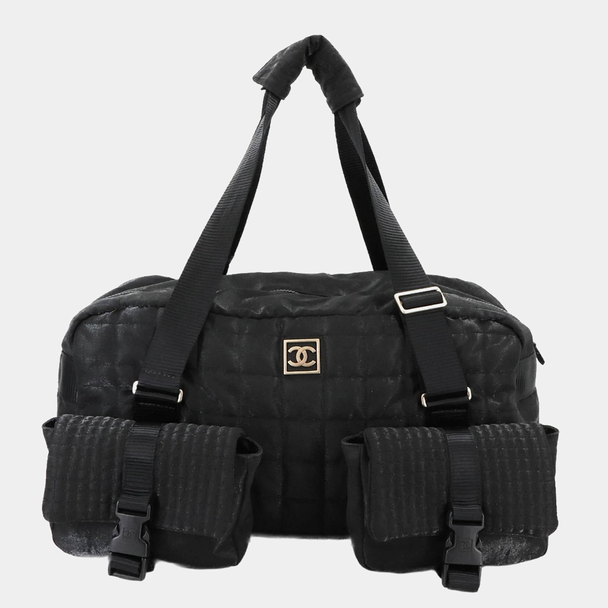 

Chanel Sports Line Chocolate Bar Boston Shoulder Bag Nylon Black Silver Metal Fittings