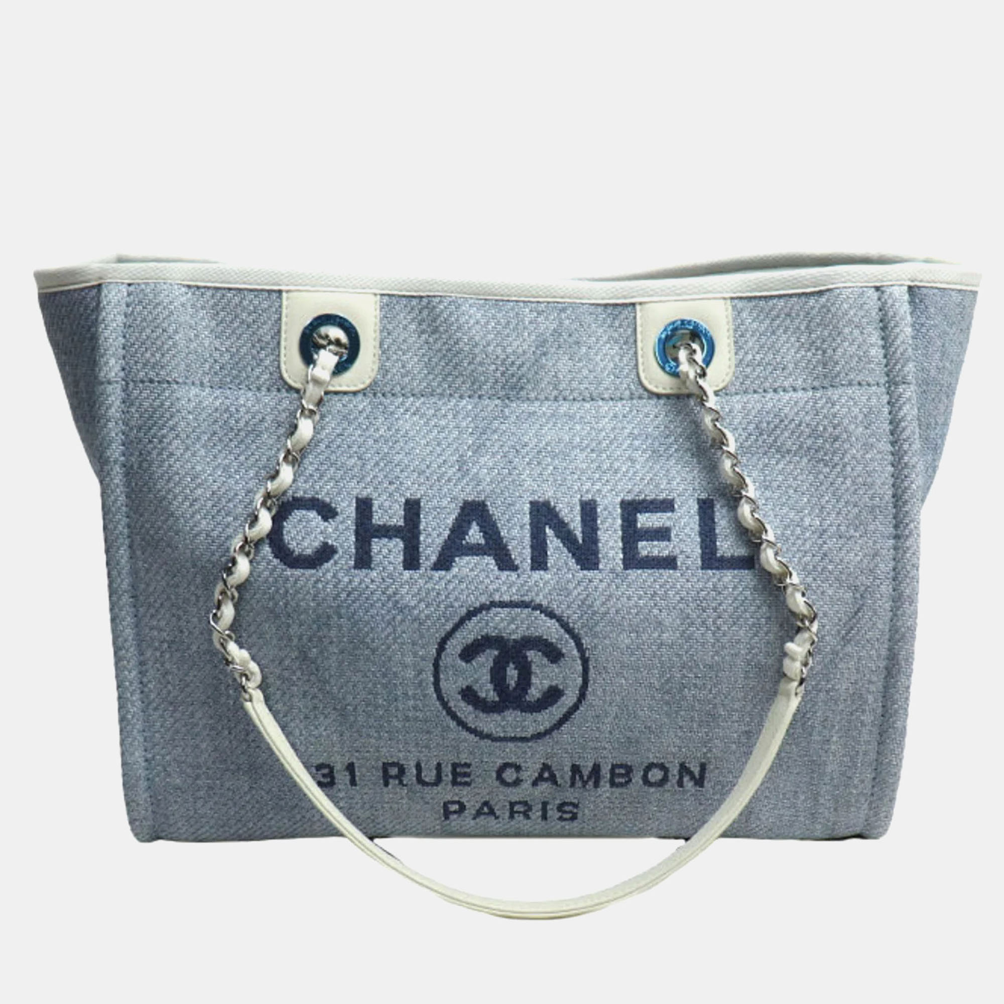 

Chanel Deauville Chain Tote Mm Bag Blue White