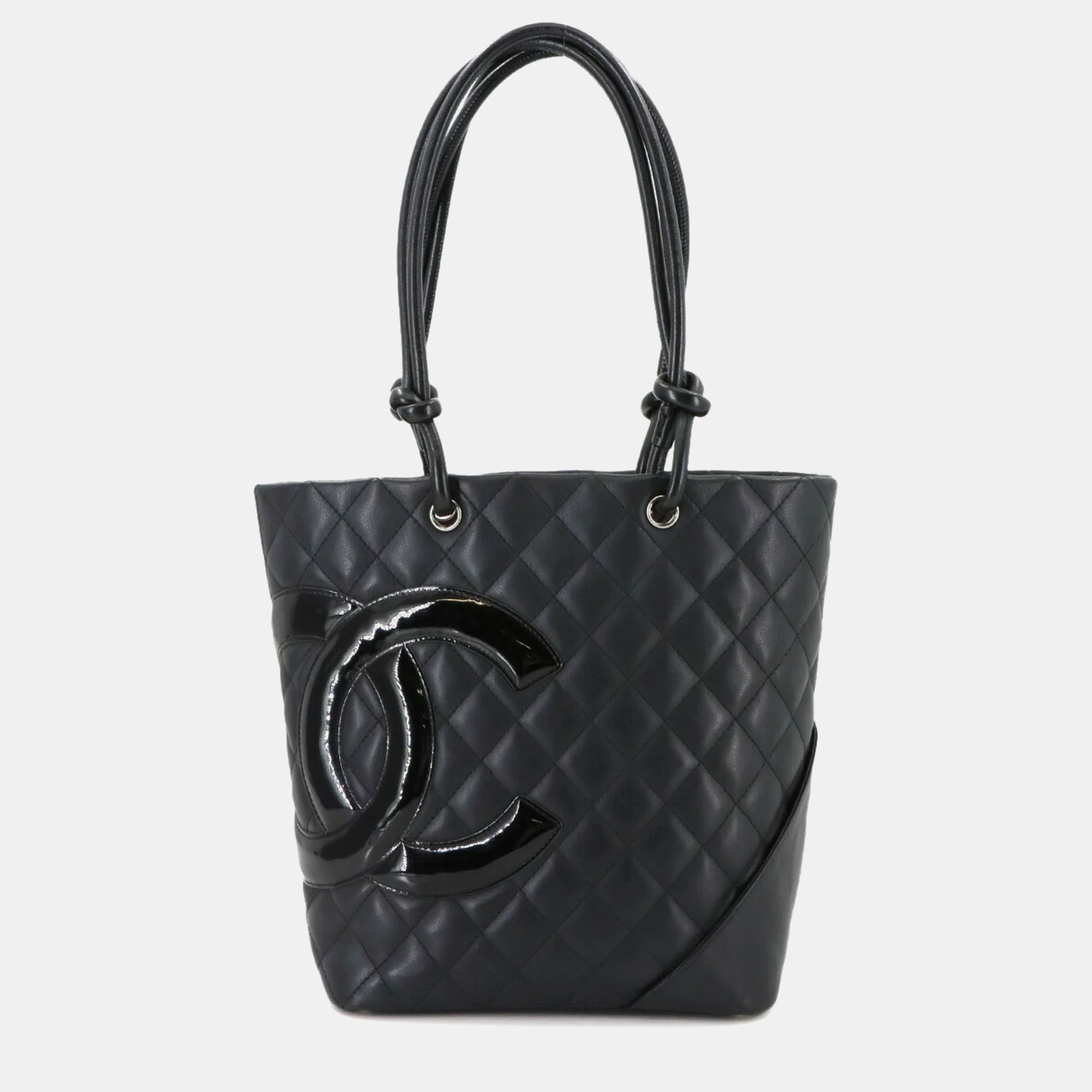Pre-owned Chanel Cambon Line Medium Tote Bag Leather Enamel Black Silver Hardware