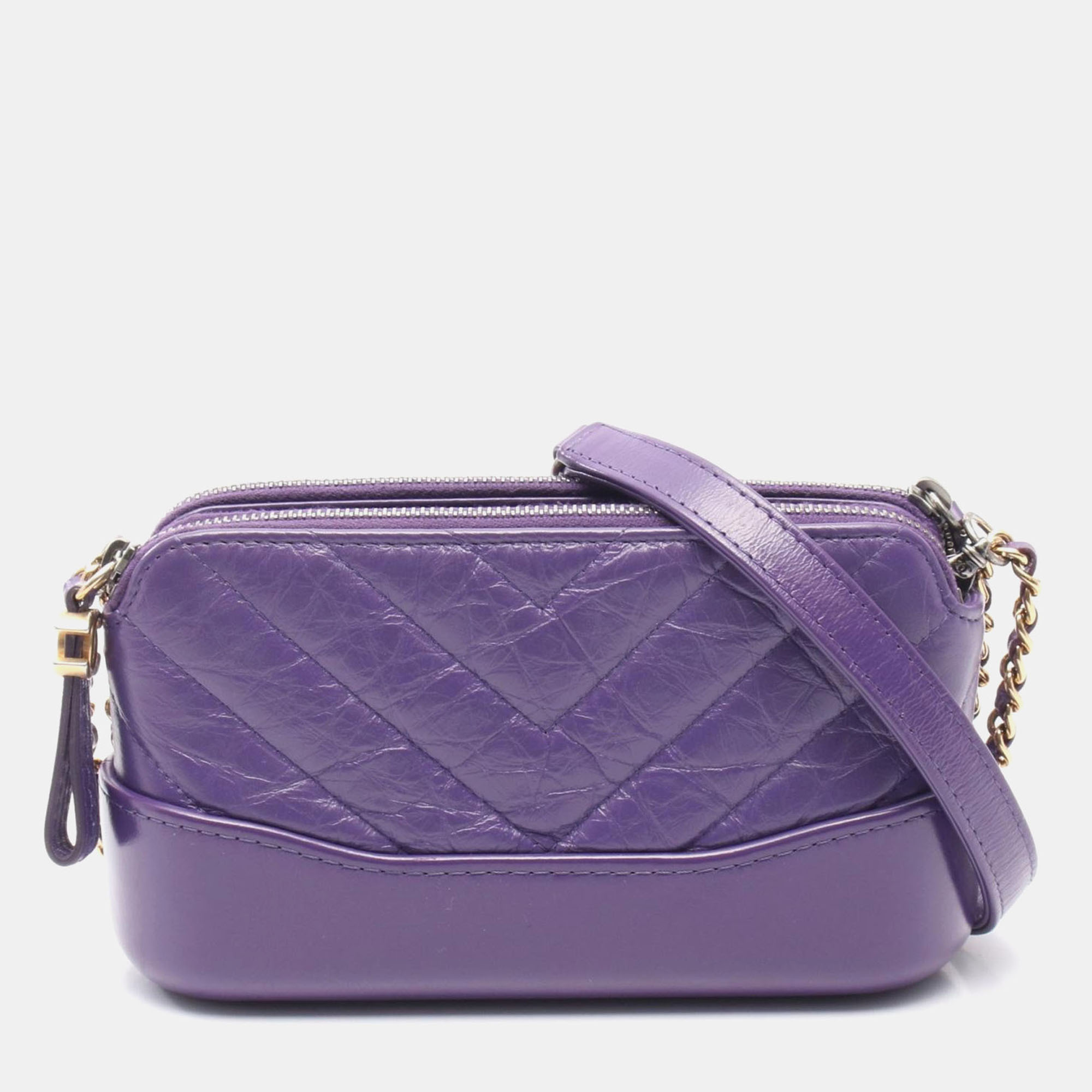 Pre-owned Chanel Coco Mark Purple Leather Chain Shoulder Wallet