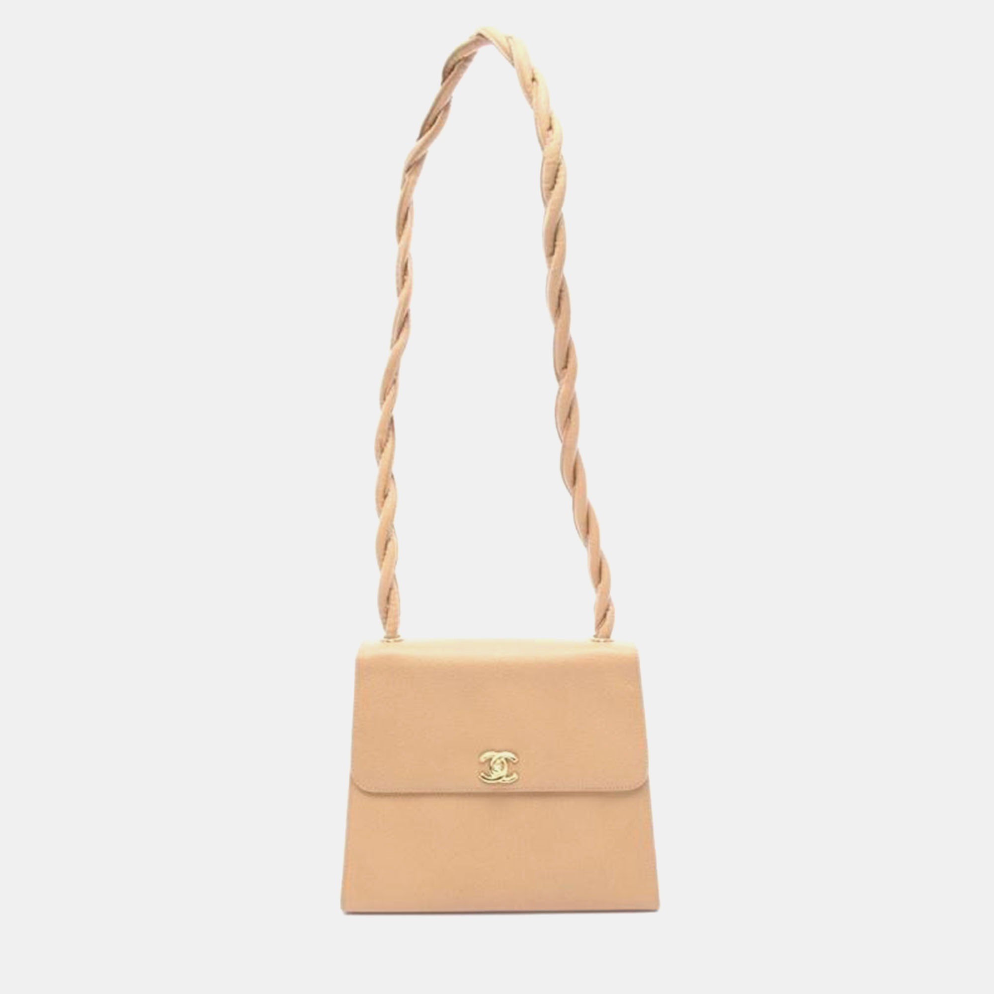 Pre-owned Chanel Coco Mark Black Leather Twist Handle Handbag In Beige