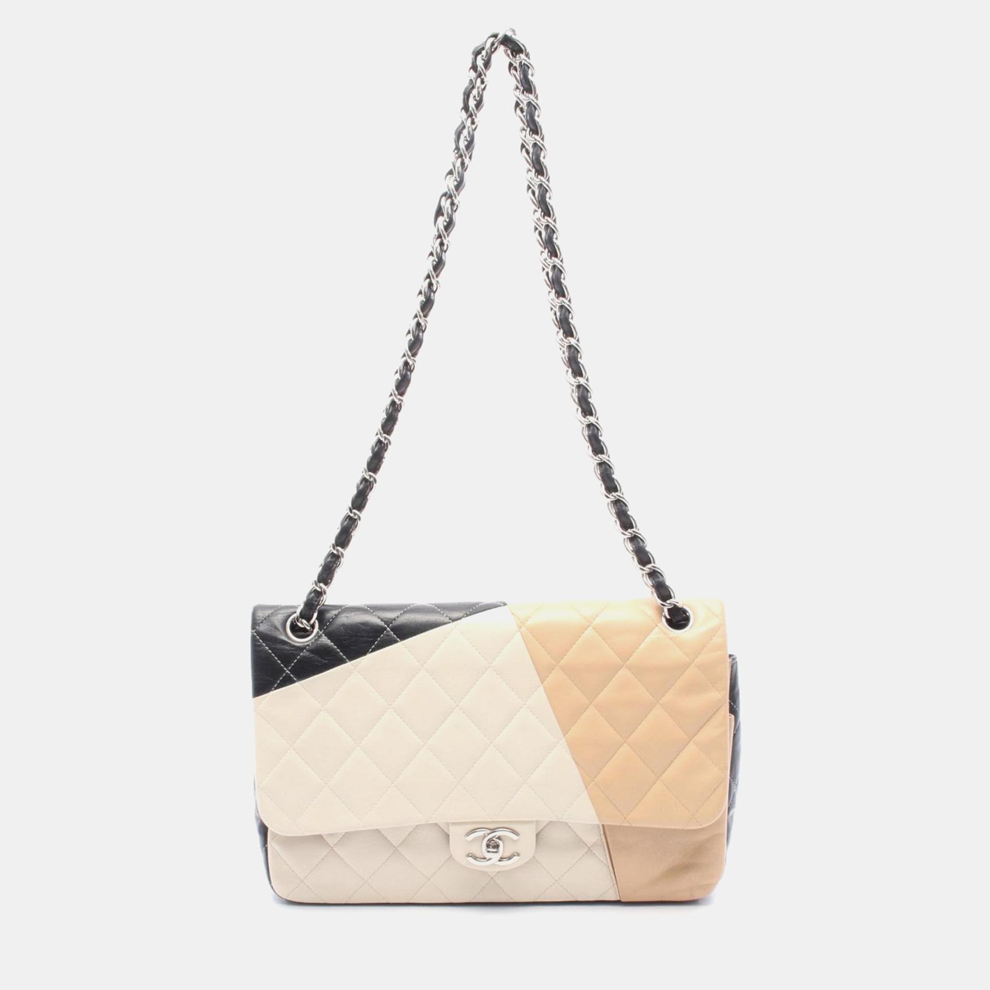 

Chanel Double Flap Black White Beige Lambskin Shoulder Bag