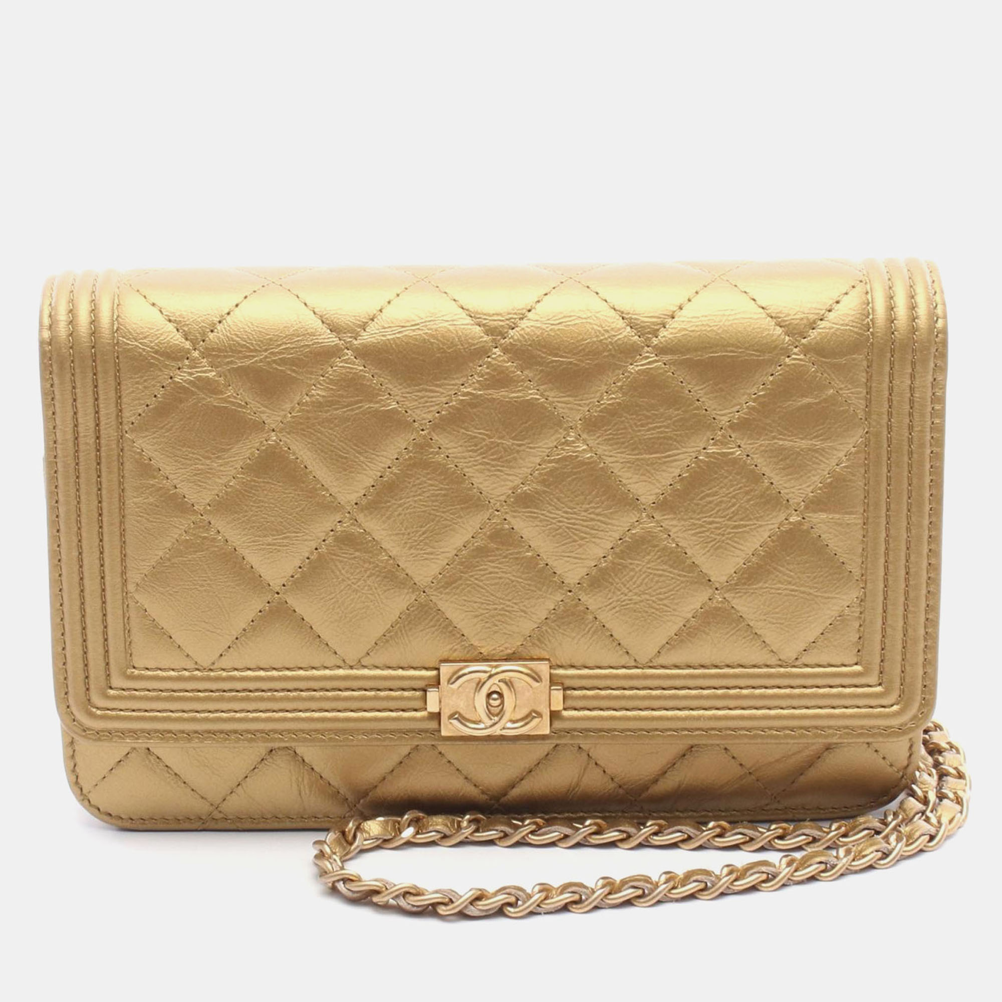 Pre-owned Chanel Coco Cc Black Leather Wallet On Chain Shoulder Bag Ghw In Gold