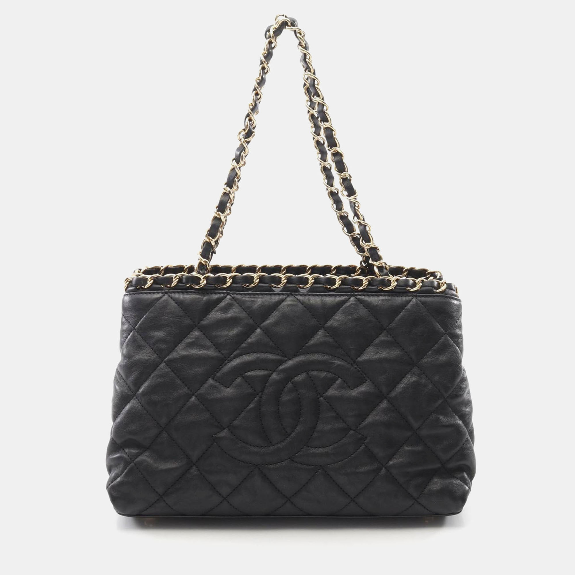 Pre-owned Chanel Matelassé Black Lambskin Leather Chain Shoulder Tote Bag Ghw