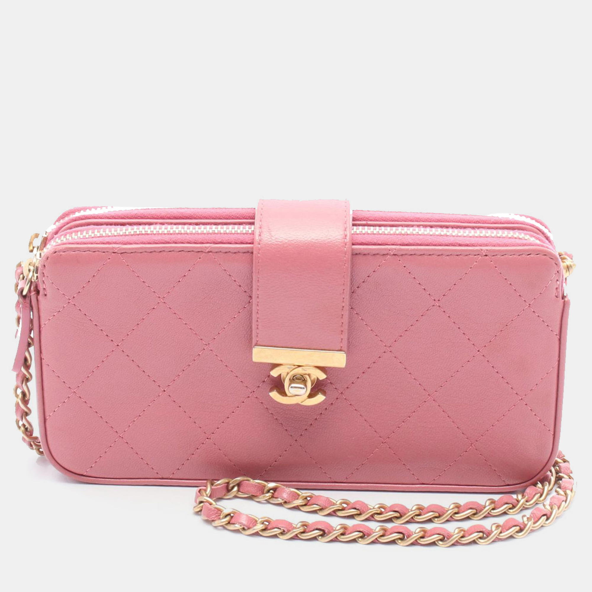 Pre-owned Chanel Pink Cc Quilted Calfskin Double Zip Clutch With Chain