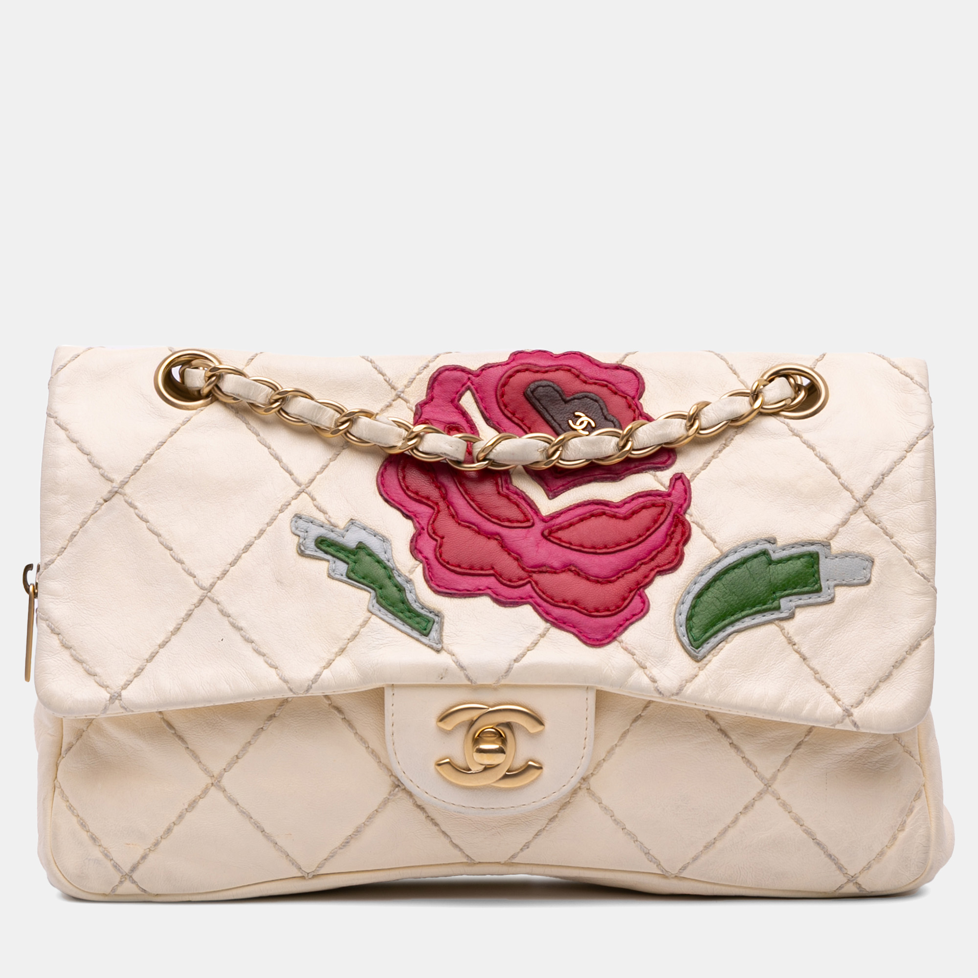 

Chanel White Medium Quilted Lambskin Rose Applique Wild Stitch Single Flap