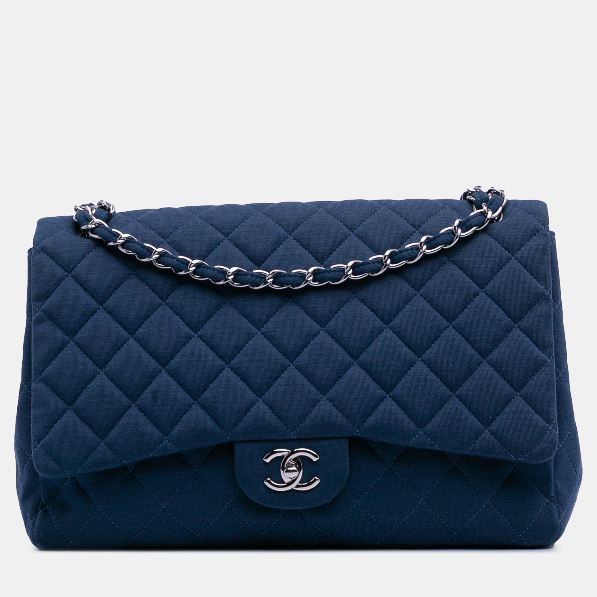 

Chanel Blue Maxi Classic Jersey Single Flap