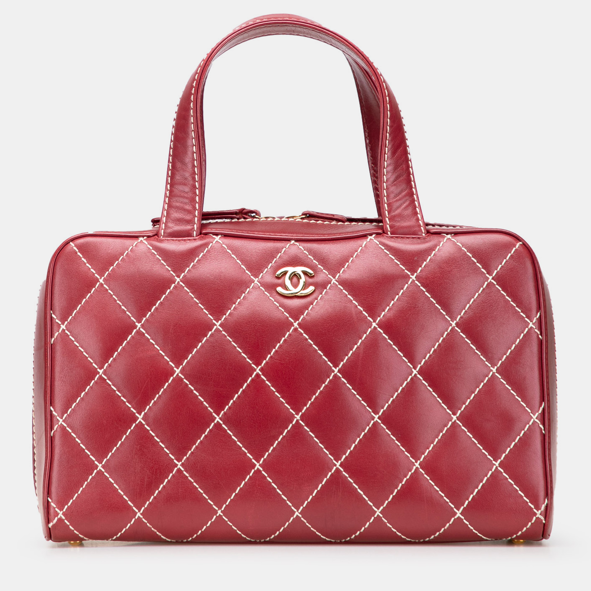 Pre-owned Chanel Red Cc Lambskin Wild Stitch Handbag