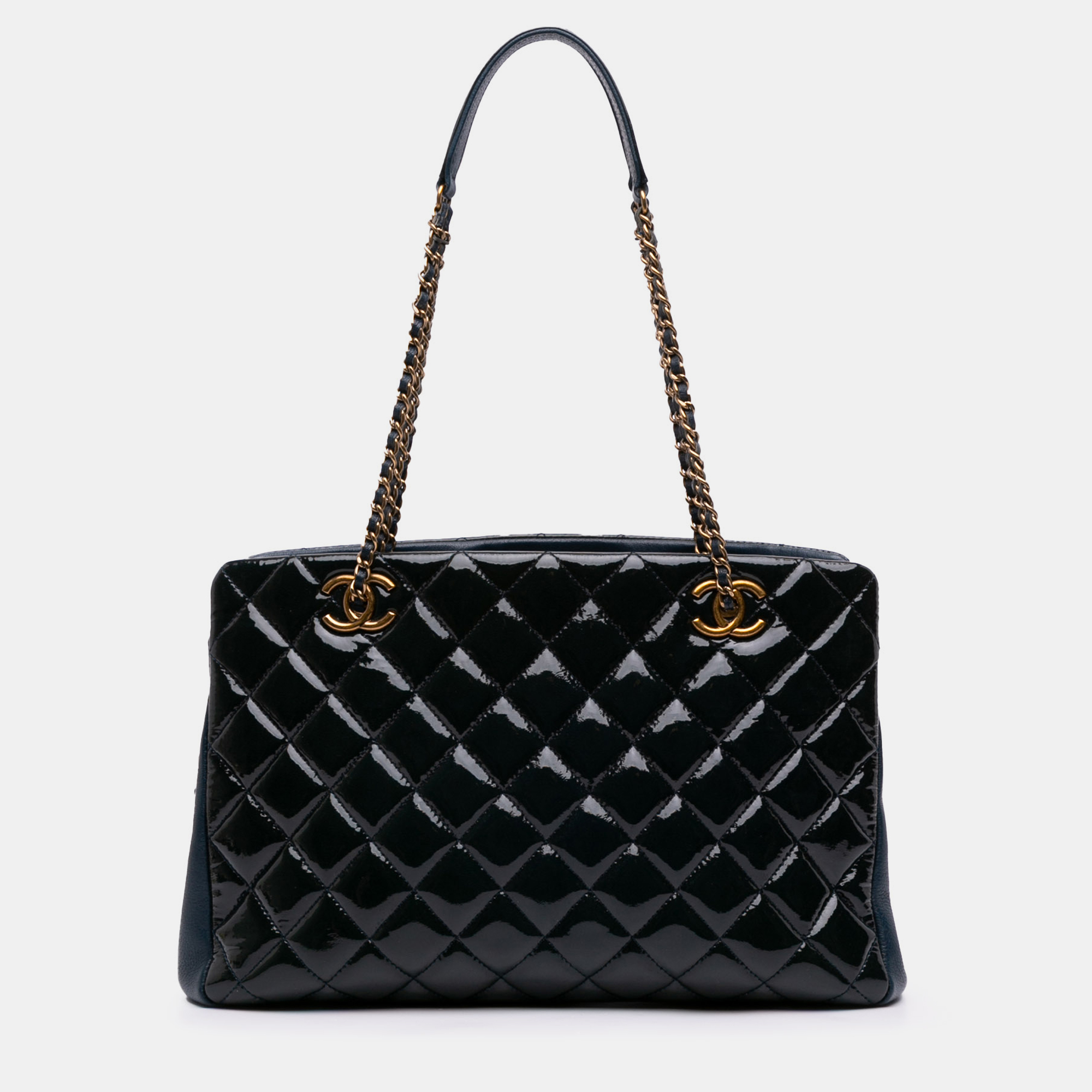 Pre-owned Chanel Navy Blue Paris Salzburg Patent And Goatskin Cc Eyelet Tote