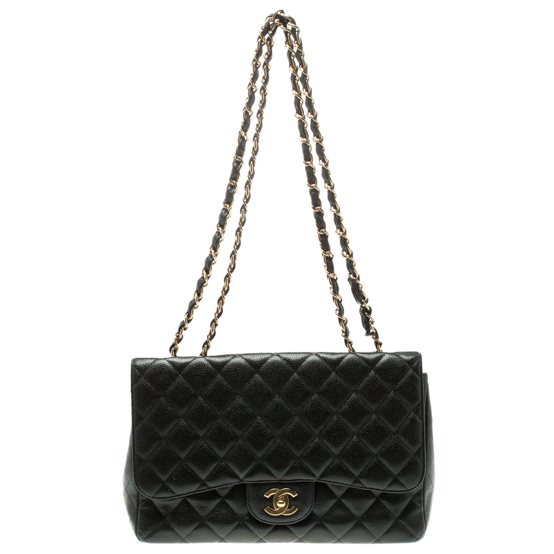 Pre Owned Chanel Black Quilted Caviar Leather Jumbo Classic Single Flap Bag